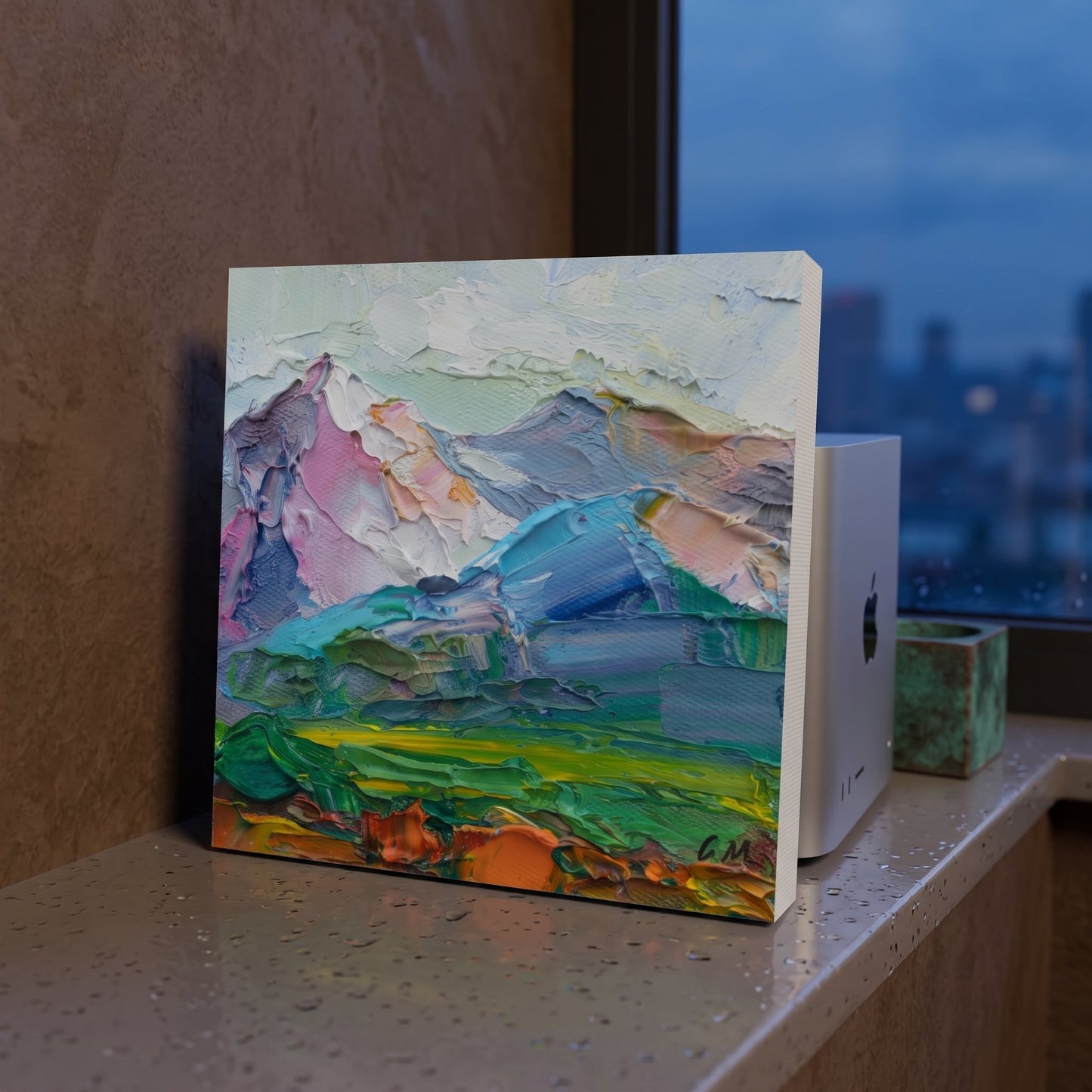 Modern study, minimalist decor — expressive landscape painting adds vibrant color and texture to a sleek urban workspace