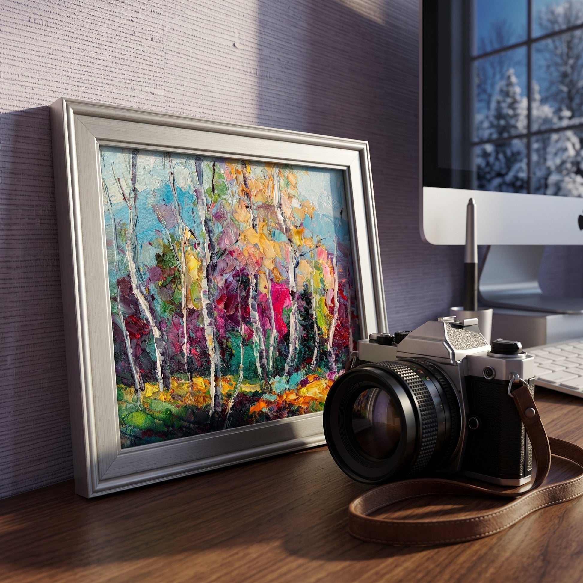 Modern home office — vibrant expressionist landscape painting adds color and inspiration to minimalist workspace