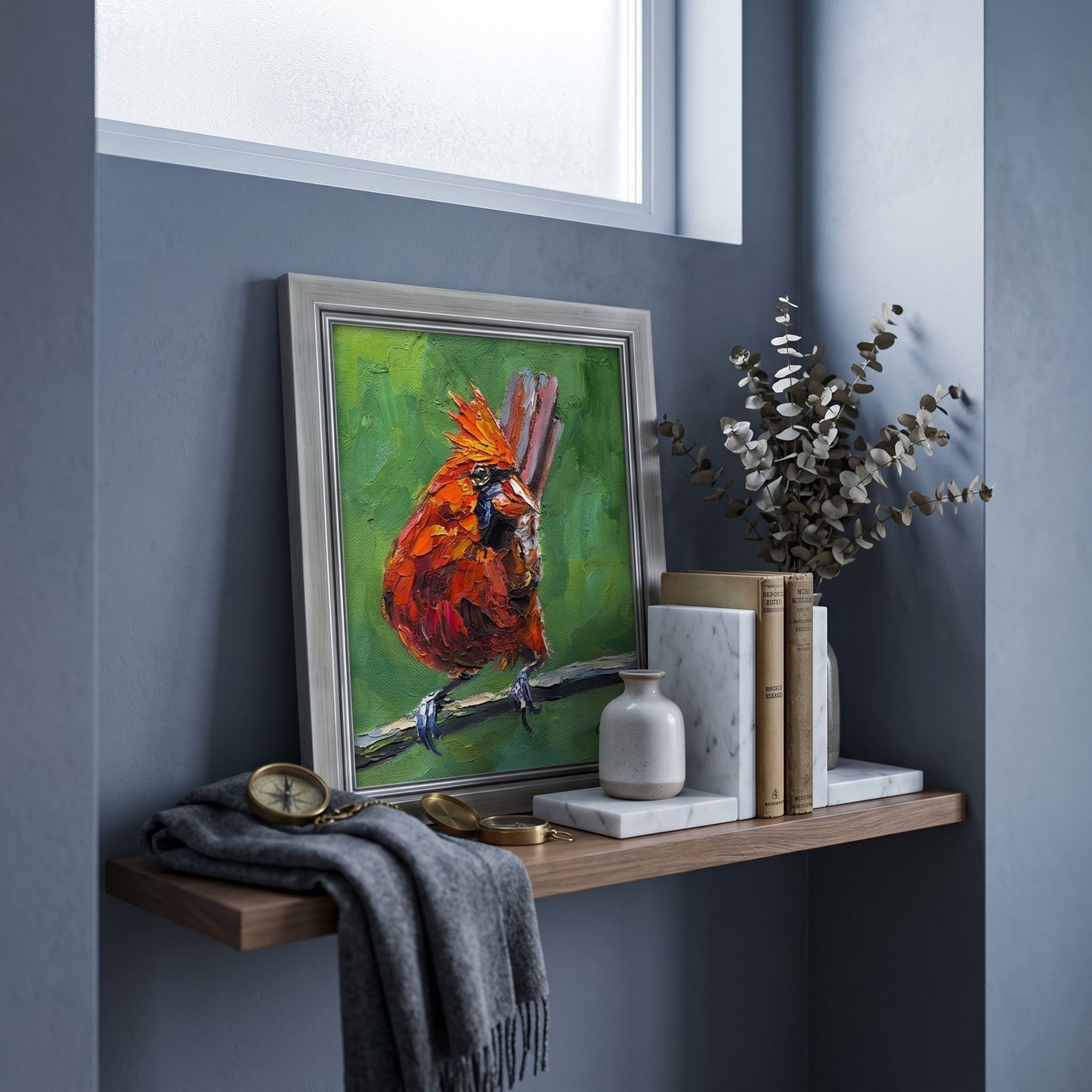 Contemporary entryway — Vibrant expressionist bird painting adds color and life to minimalist space