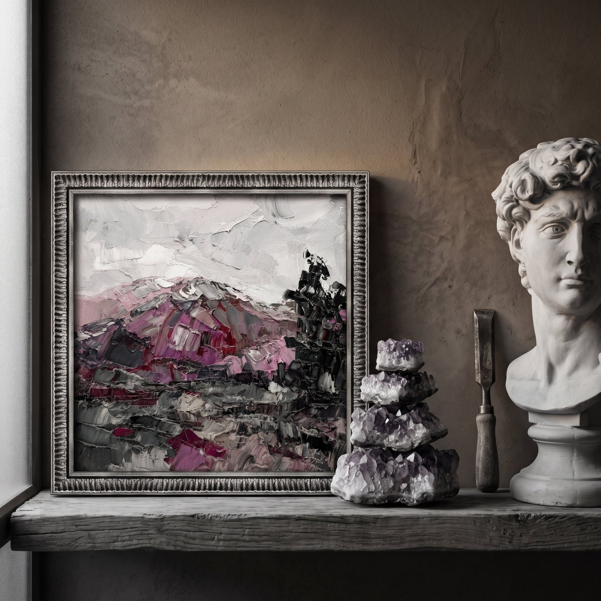 Rustic Farmhouse Entryway — Original Expressionist Landscape Painting Adds Artistic Depth and Color Contrast to Weathered Wood Shelf Display