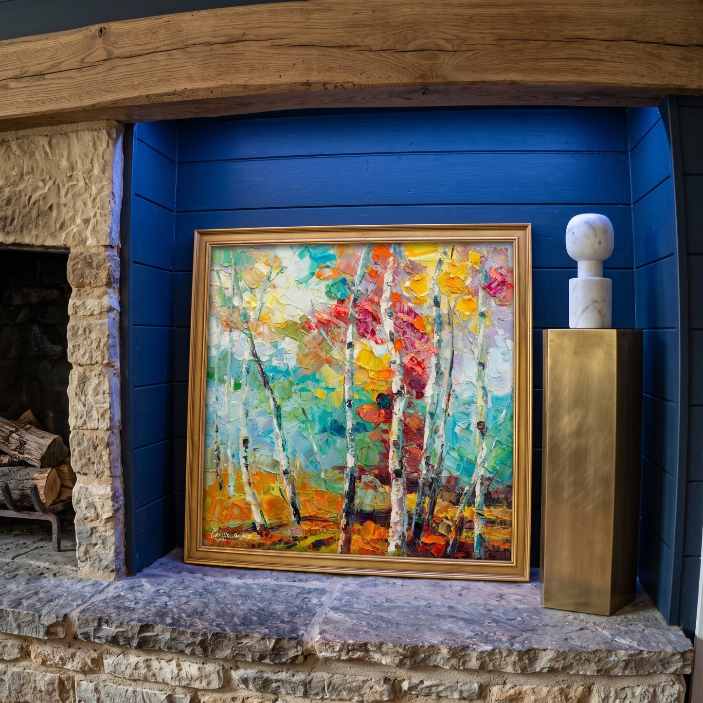 Rustic Farmhouse Living Room — Vibrant expressionist landscape painting transforms the fireplace mantel into a warm, nature-inspired focal point
