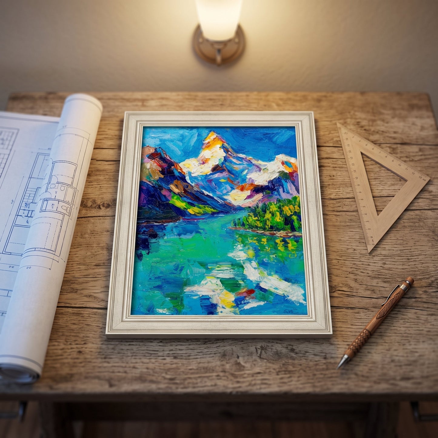 Rustic Farmhouse Study — Expressive landscape painting adds vibrant color and artistic energy to a warm, wooden workspace