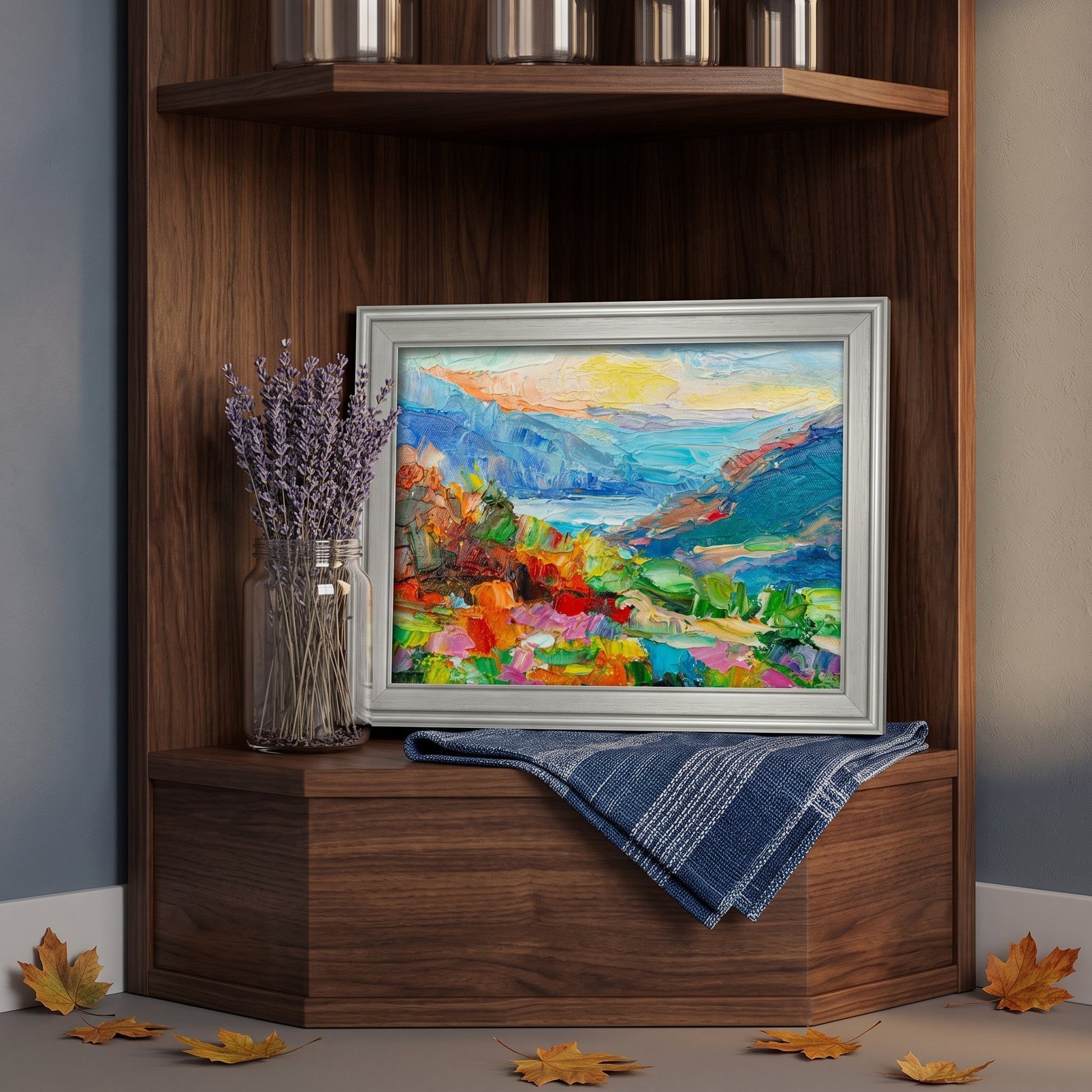 Rustic Farmhouse Entryway — Vibrant Impressionist Landscape Painting Adds Colorful Focal Point to Warm Wooden Nook