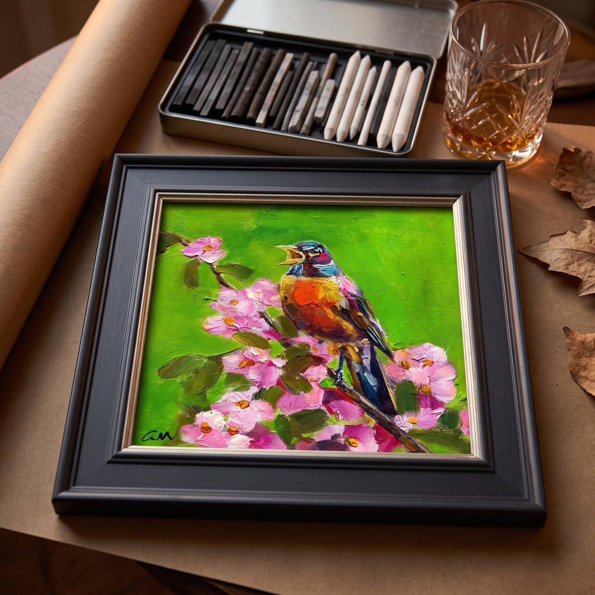 Rustic farmhouse study — Vibrant Impressionist bird painting elevates the space with color and nature-inspired charm