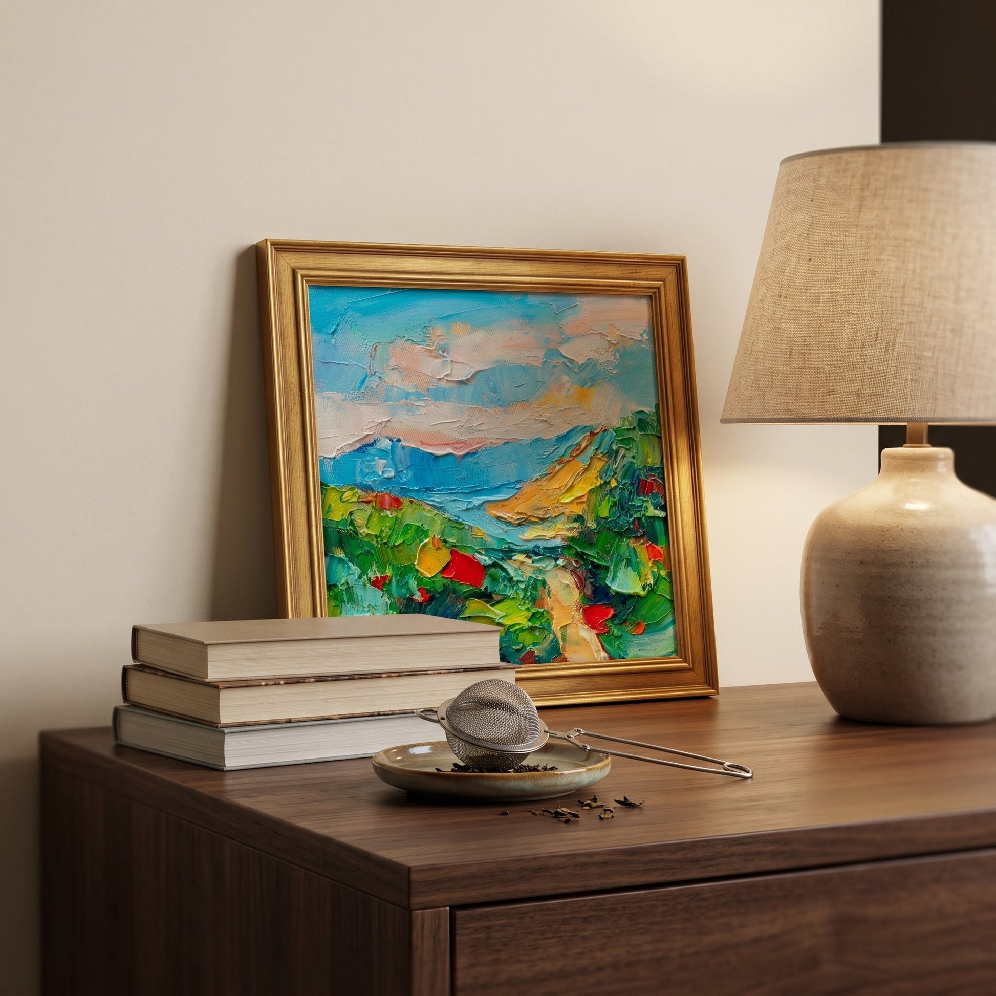 Contemporary bedroom — vibrant Impressionist landscape transforms neutral space with color and texture