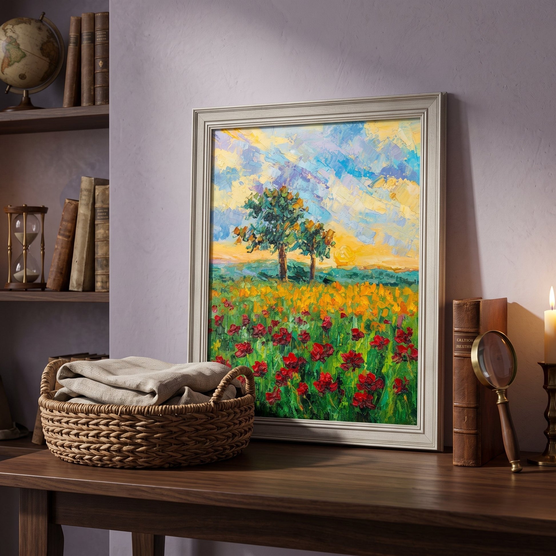 Rustic Farmhouse Study — Vibrant Impressionist landscape elevates the space with bold color and natural warmth