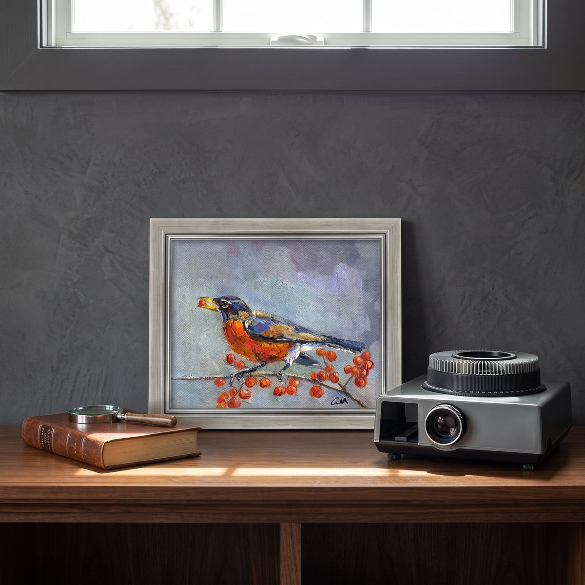Modern study, minimalist decor — vibrant Impressionist bird painting adds warmth and natural elegance to the space
