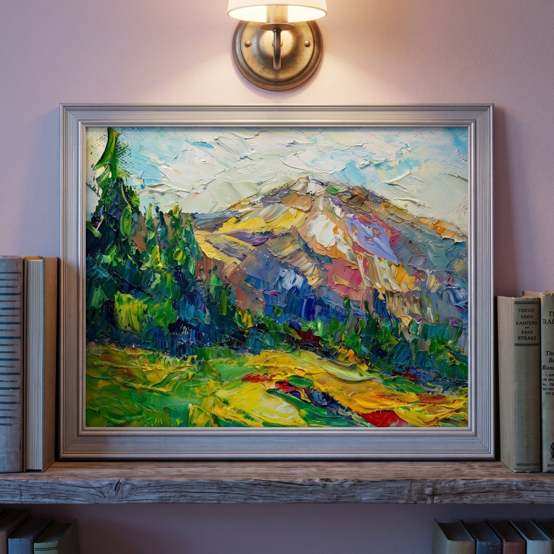 Rustic farmhouse study — vibrant Impressionist landscape transforms the space with bold color and textured artistry