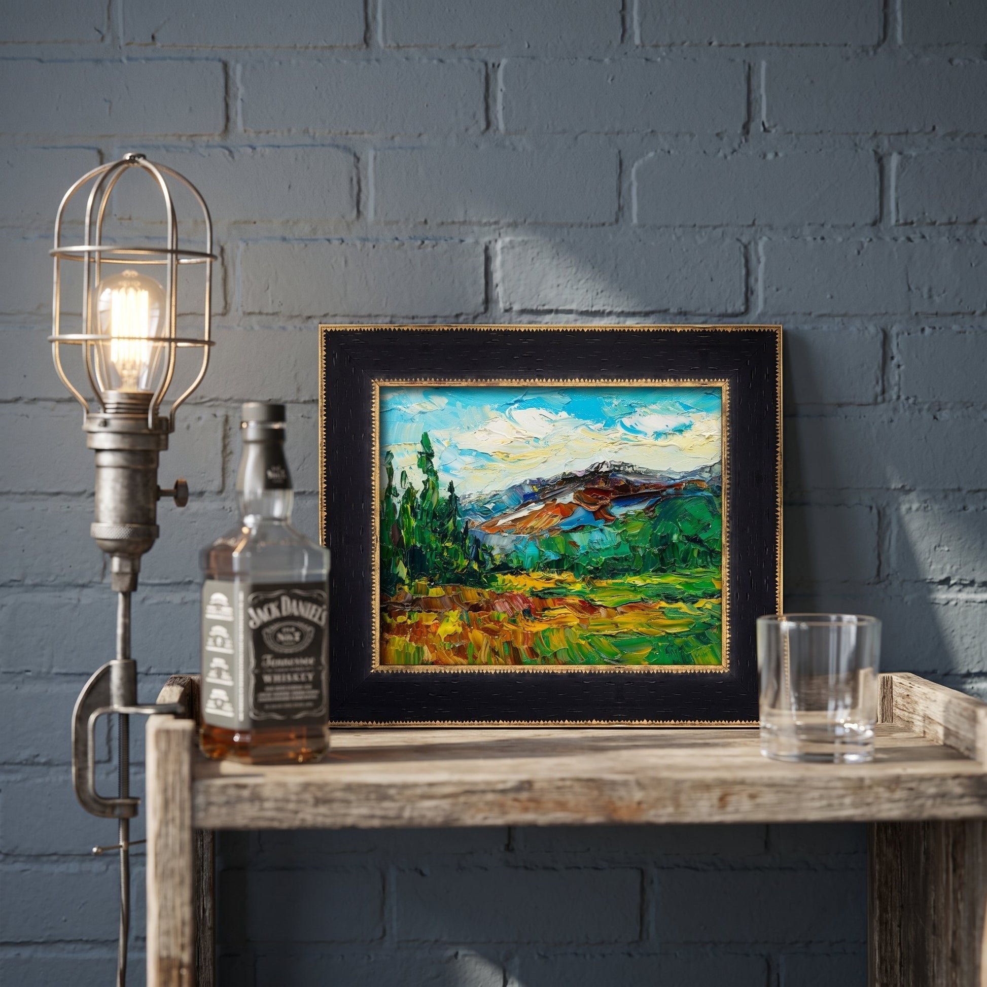 Rustic industrial entryway — vibrant Impressionist landscape painting adds warmth and color contrast to raw brick and wood decor