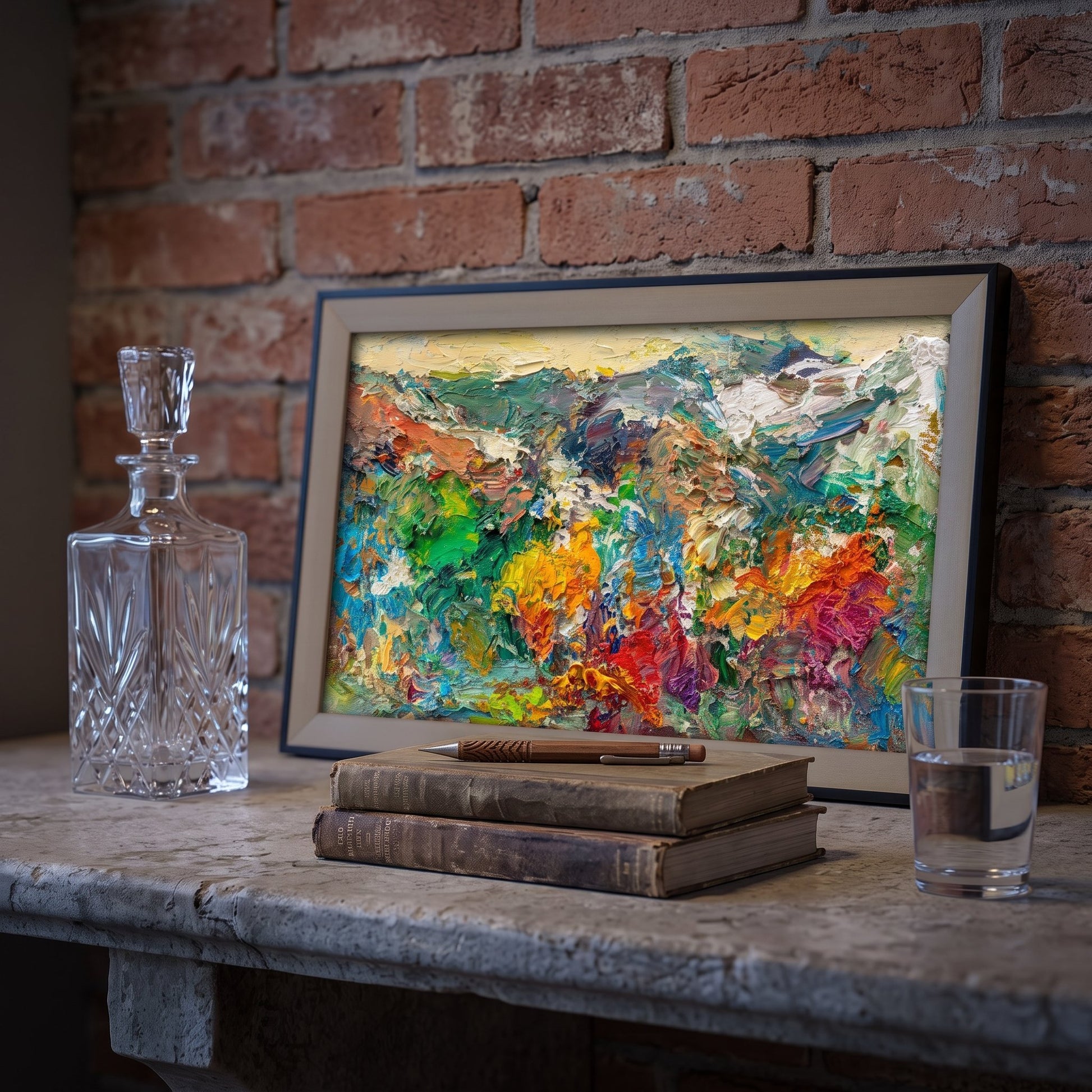 Industrial Loft — Vibrant expressionist landscape transforms rustic brick wall into a dynamic art-focused focal point