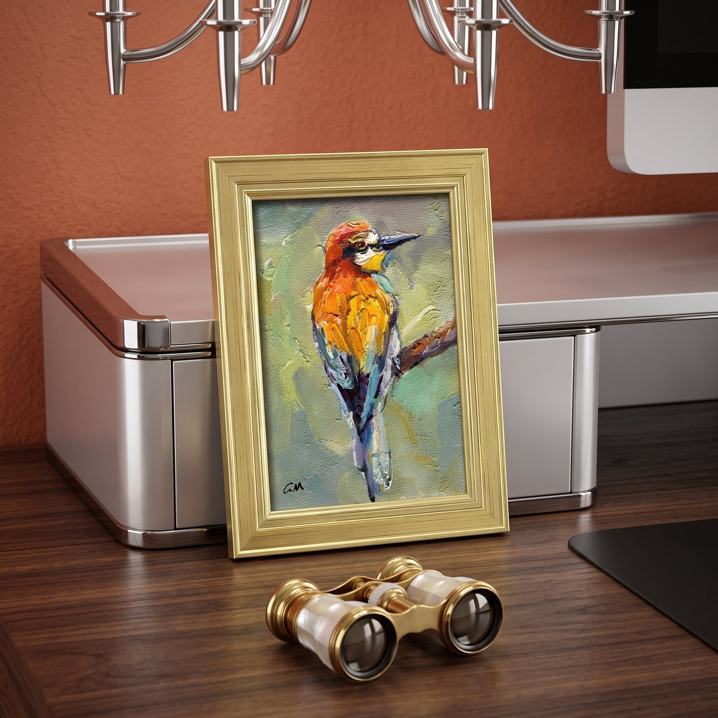 Contemporary home office — vibrant bird painting adds natural energy and artistic flair to modern workspace