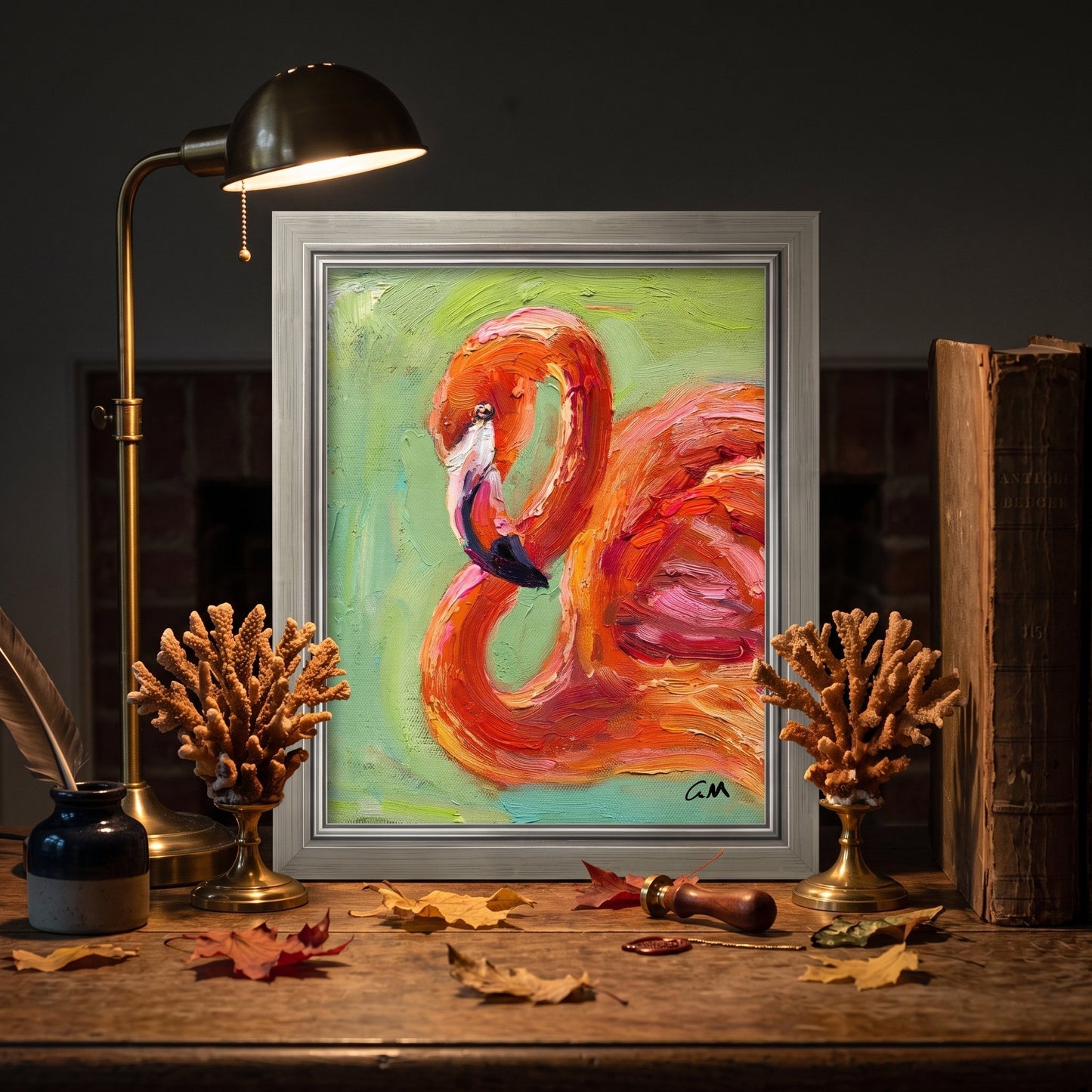 Rustic study — Vibrant expressionist flamingo painting adds bold color and artistic flair to a vintage-inspired workspace