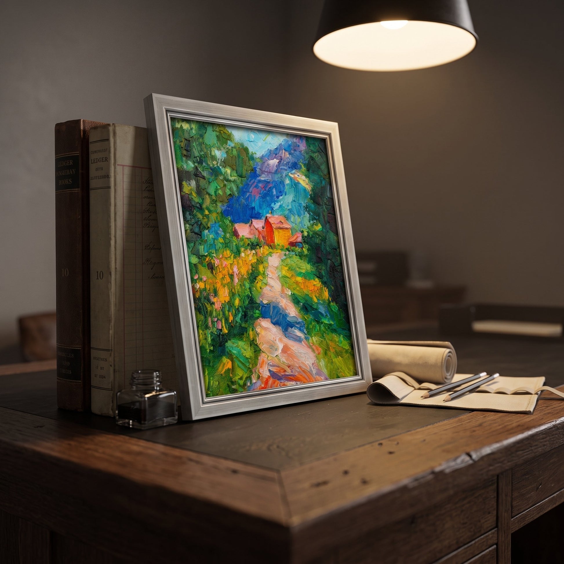 Rustic Farmhouse Study — Vibrant Post-Impressionist landscape adds color and soul to a warm, book-lined workspace