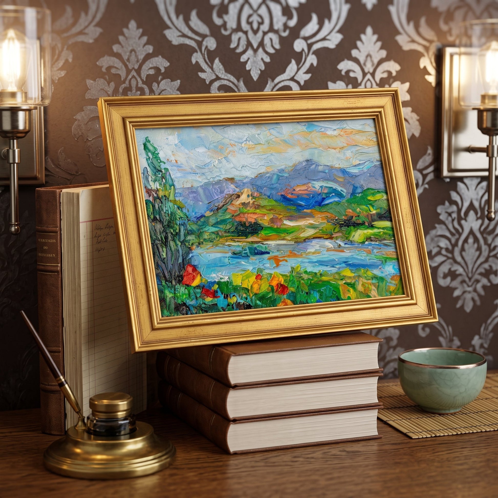Vintage study — Impressionist landscape painting adds vibrant color and artistic depth to classic decor