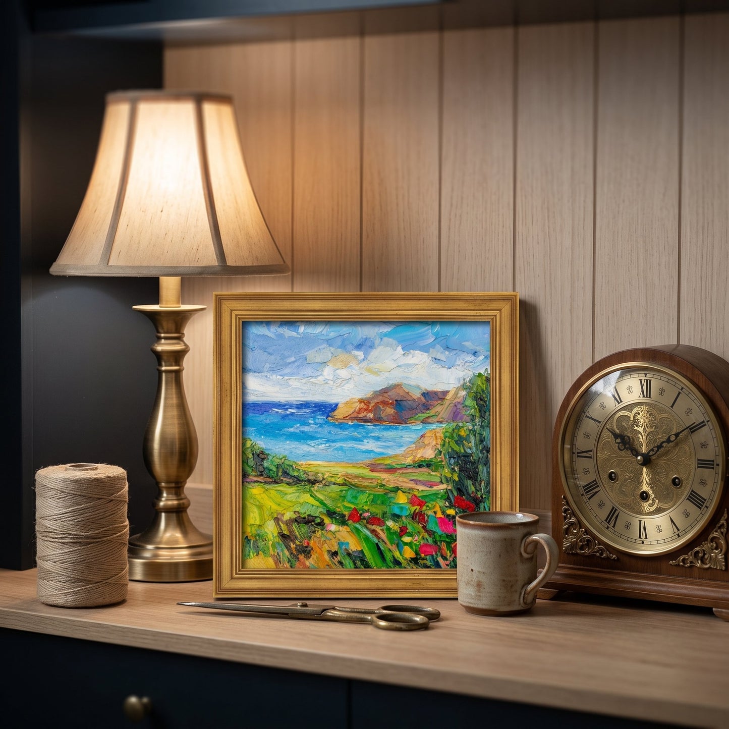 Rustic Farmhouse Study — Vibrant Impressionist landscape elevates vintage decor with color and serenity