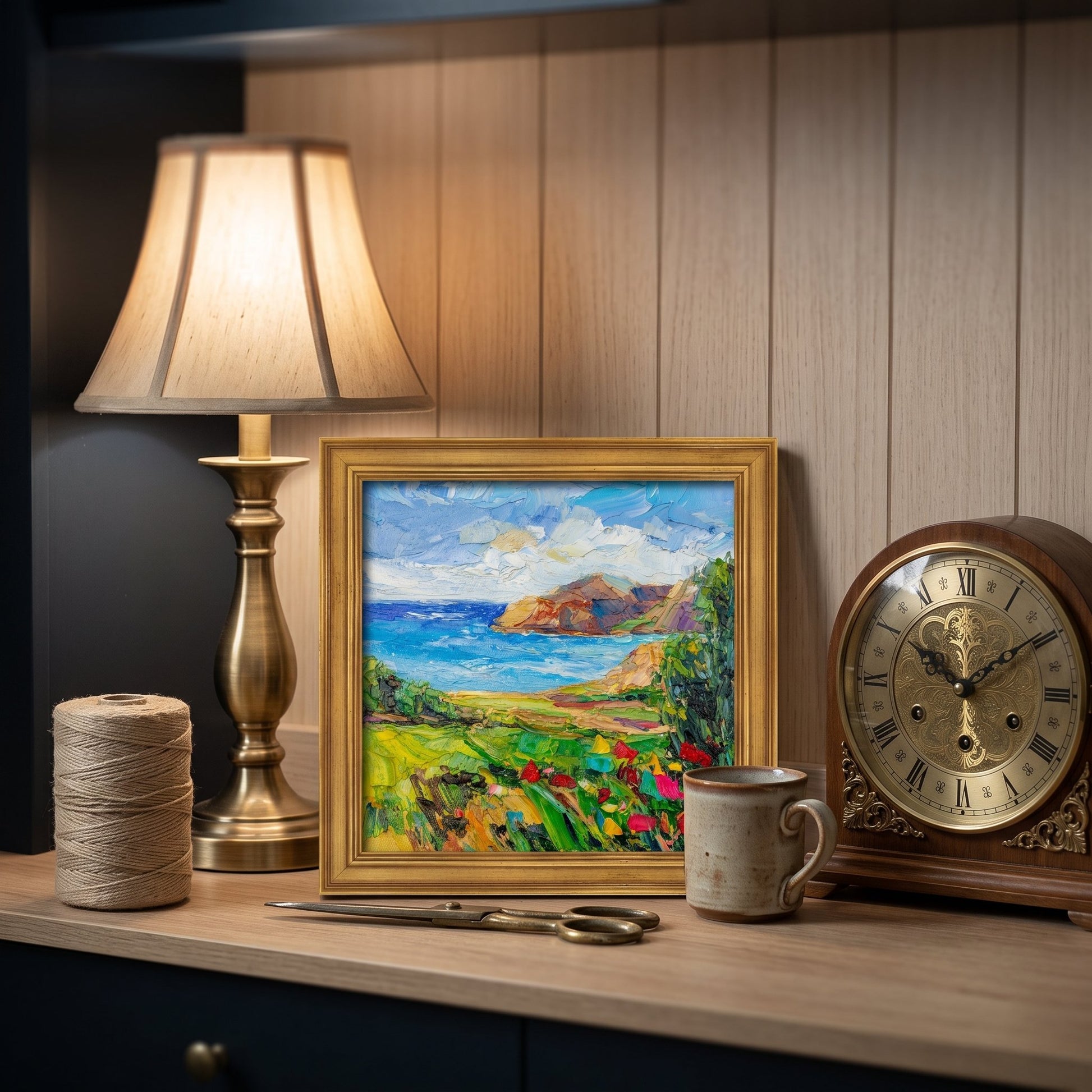 Rustic Farmhouse Study — Vibrant Impressionist landscape elevates vintage decor with color and serenity