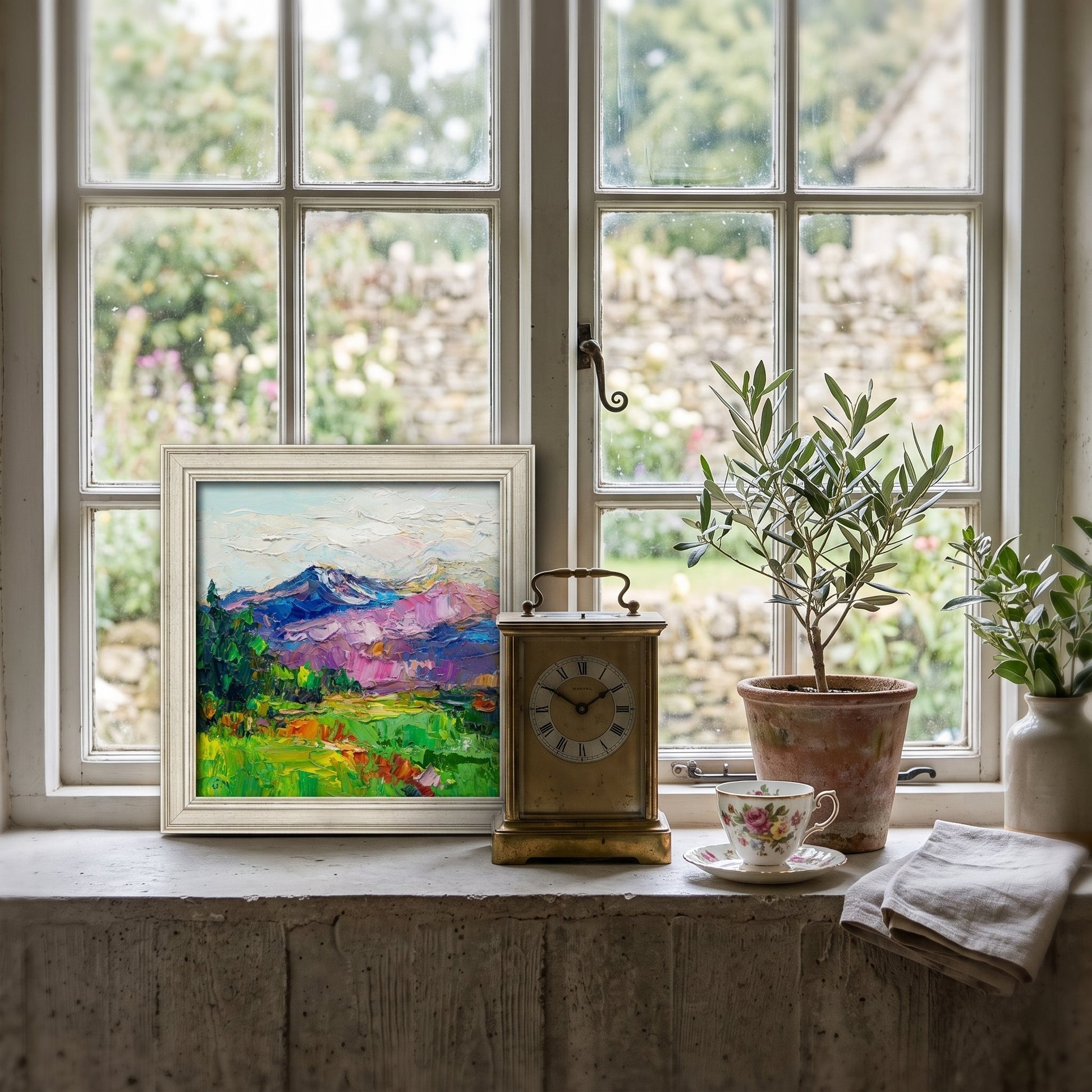 Rustic farmhouse kitchen window seat — vibrant Impressionist landscape painting enhances natural light and earthy decor with rich colors and texture