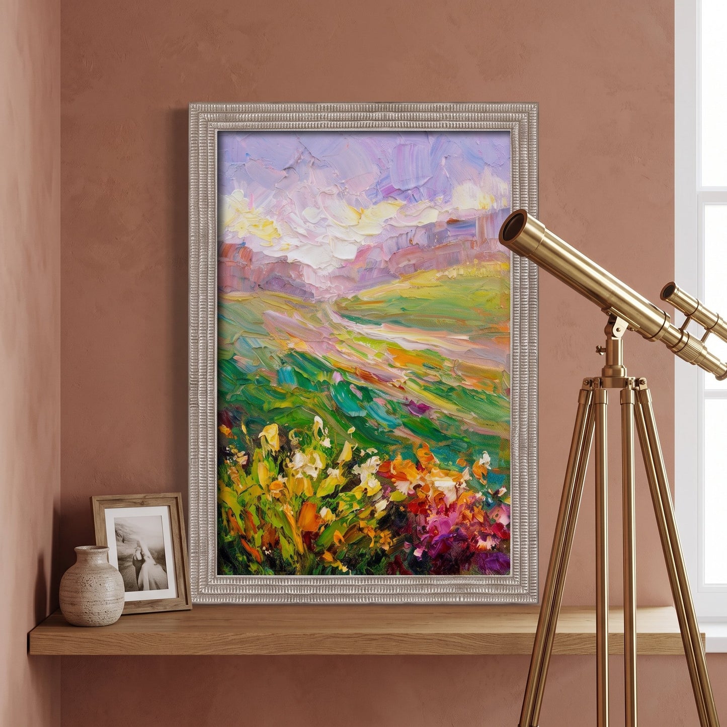 Contemporary study — vibrant Impressionist landscape elevates warm, minimalist space with bold color and natural light