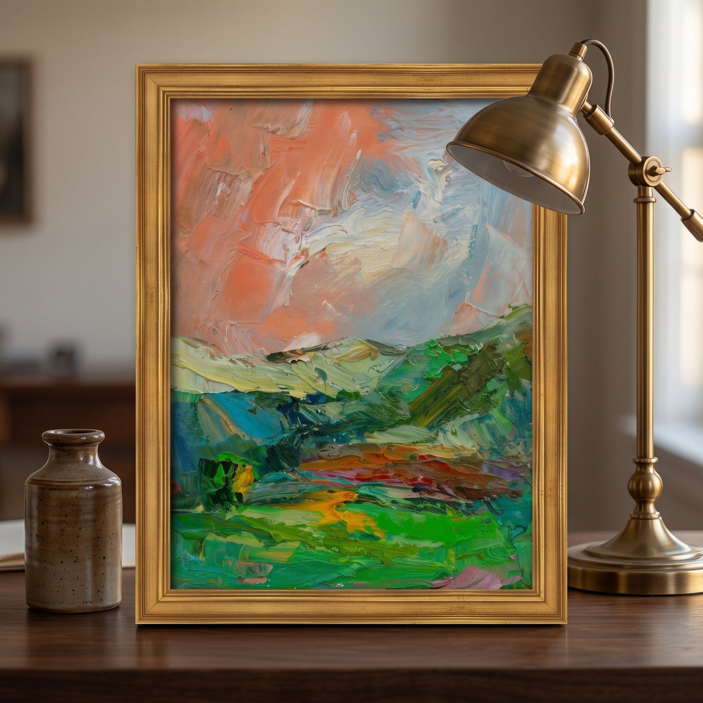 Study, MidCenturyModern — Original expressionist landscape painting adds vibrant color and artistic depth to a warm, minimalist workspace