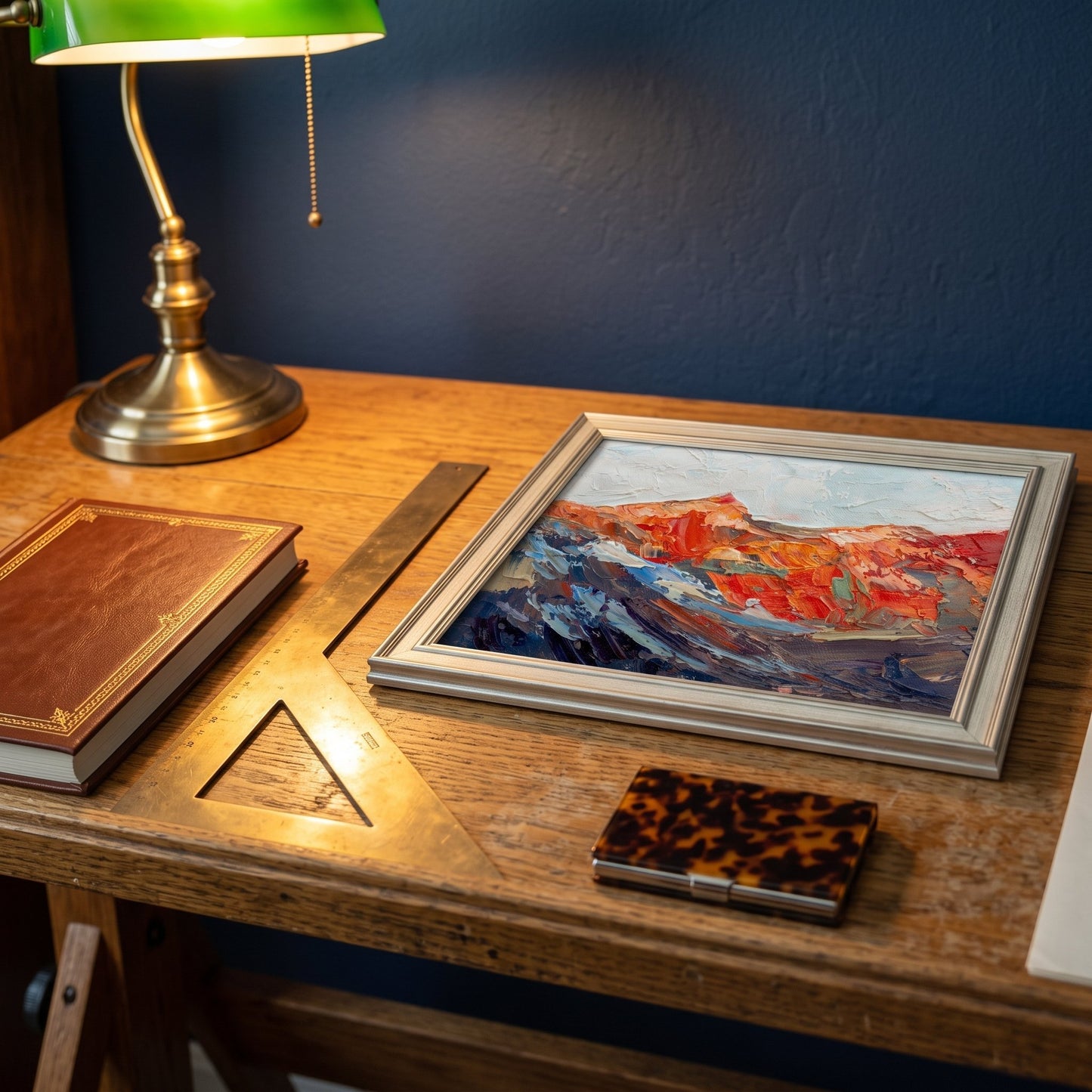 RusticFarmhouseStudy — Expressionist landscape painting adds vibrant color and artistic energy to a vintage-inspired workspace