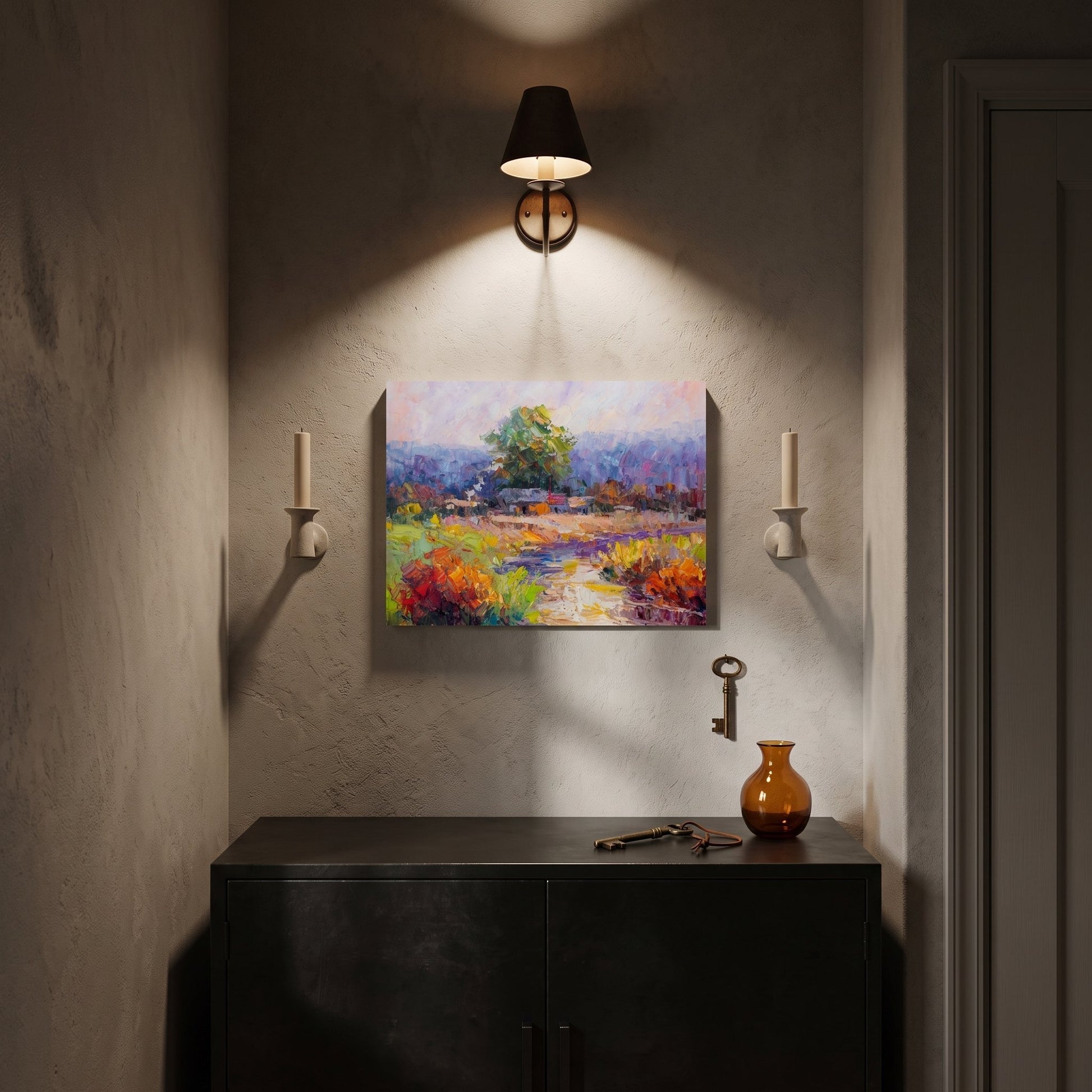Minimalist entryway — vibrant Impressionist landscape transforms neutral space with color and light