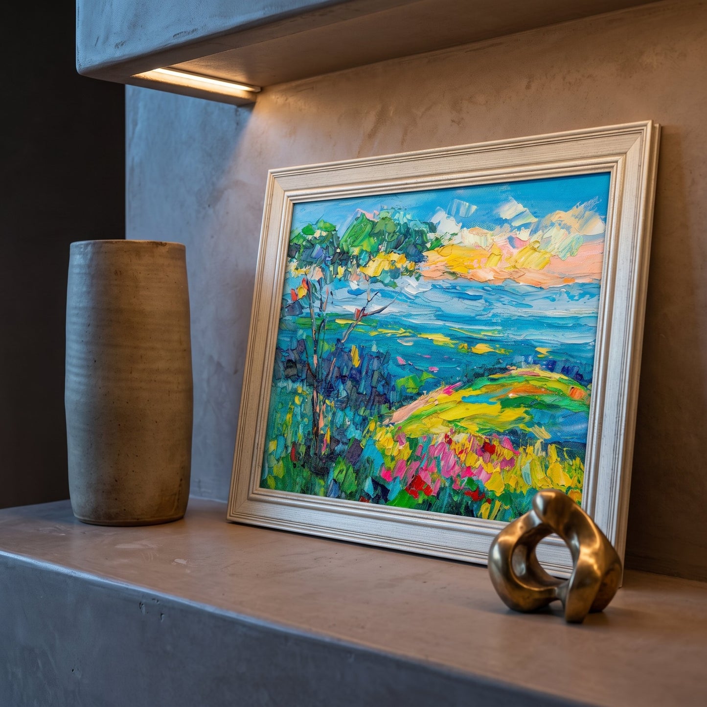 Contemporary entryway — vibrant Impressionist landscape elevates minimalist space with bold color and texture