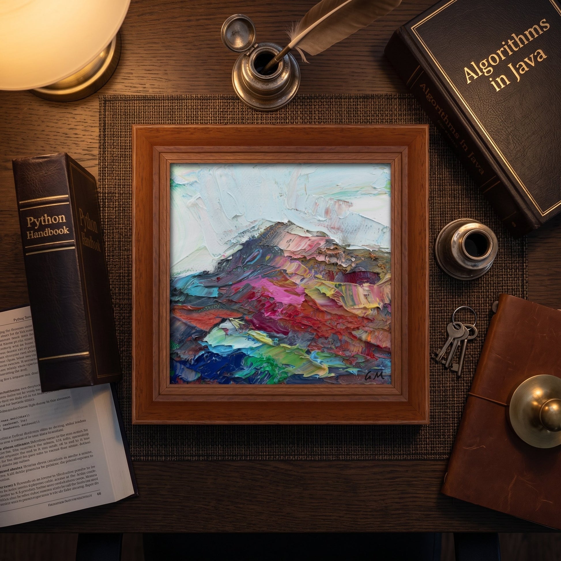 Study, rustic farmhouse — expressive landscape painting adds vibrant color and artistic depth to scholarly space