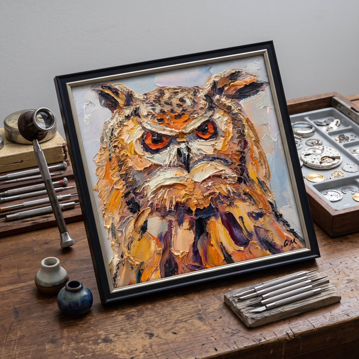 A textured oil painting of an owl with fiery orange eyes rests on a wooden workbench surrounded by watchmaker tools, framed in black.
