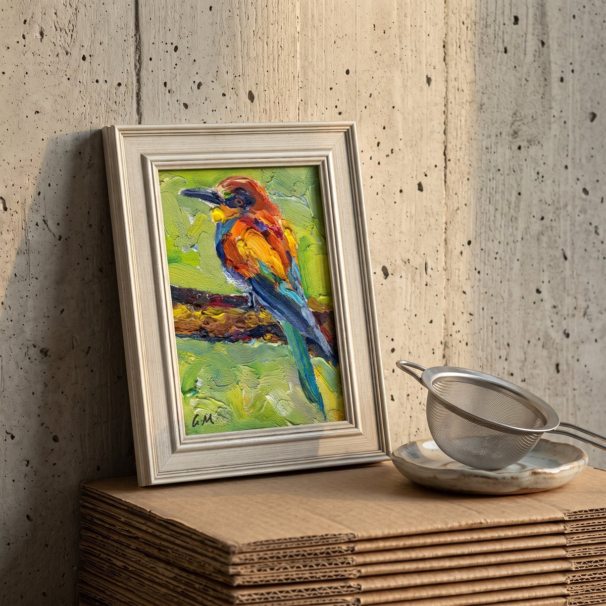A vividly painted bird in orange, blue, and green perches on a branch in a framed canvas, leaning against a concrete wall beside a metal tea strainer.