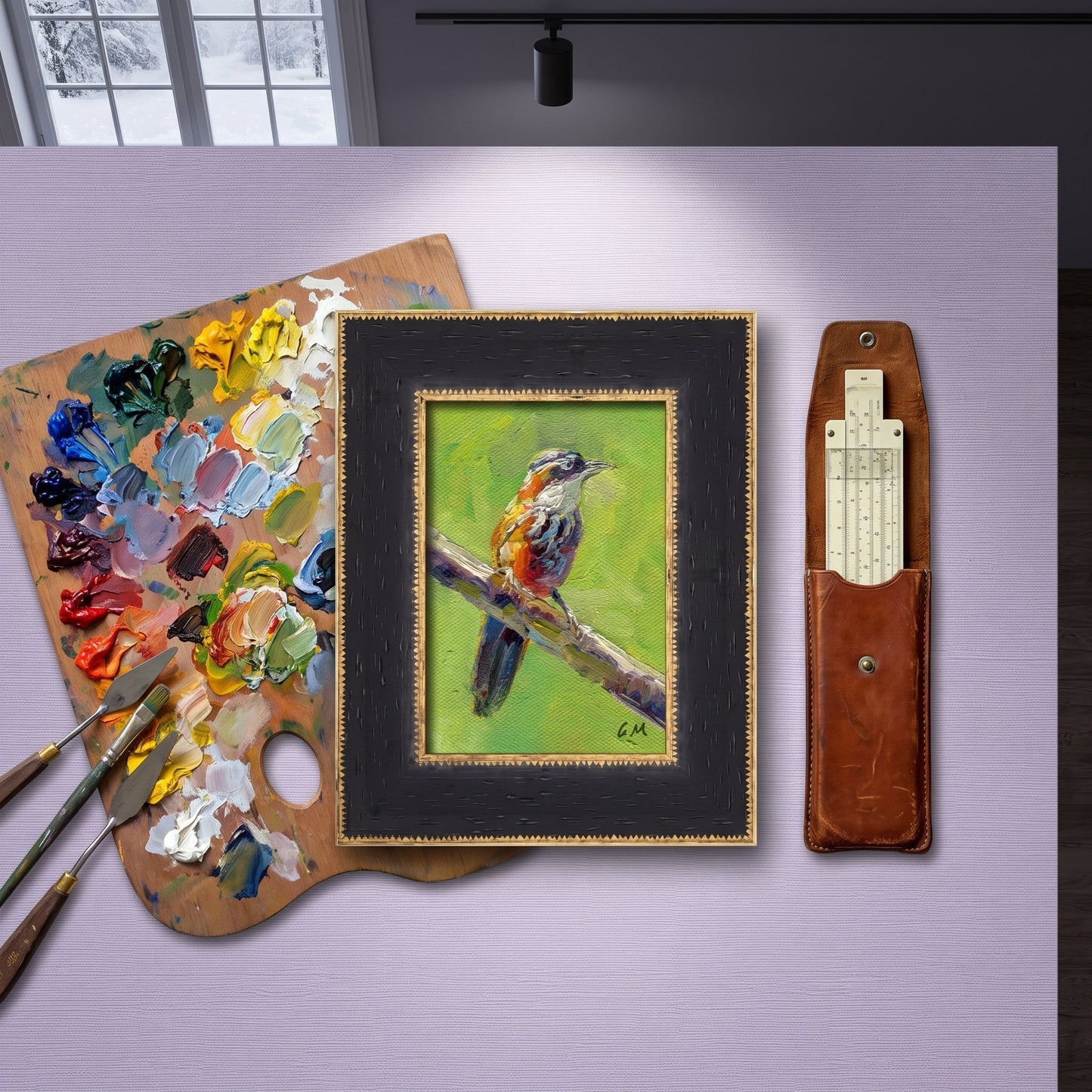 A colorful bird painting on canvas rests on a lavender worktable beside an artist's palette and tools, illuminated by soft daylight.