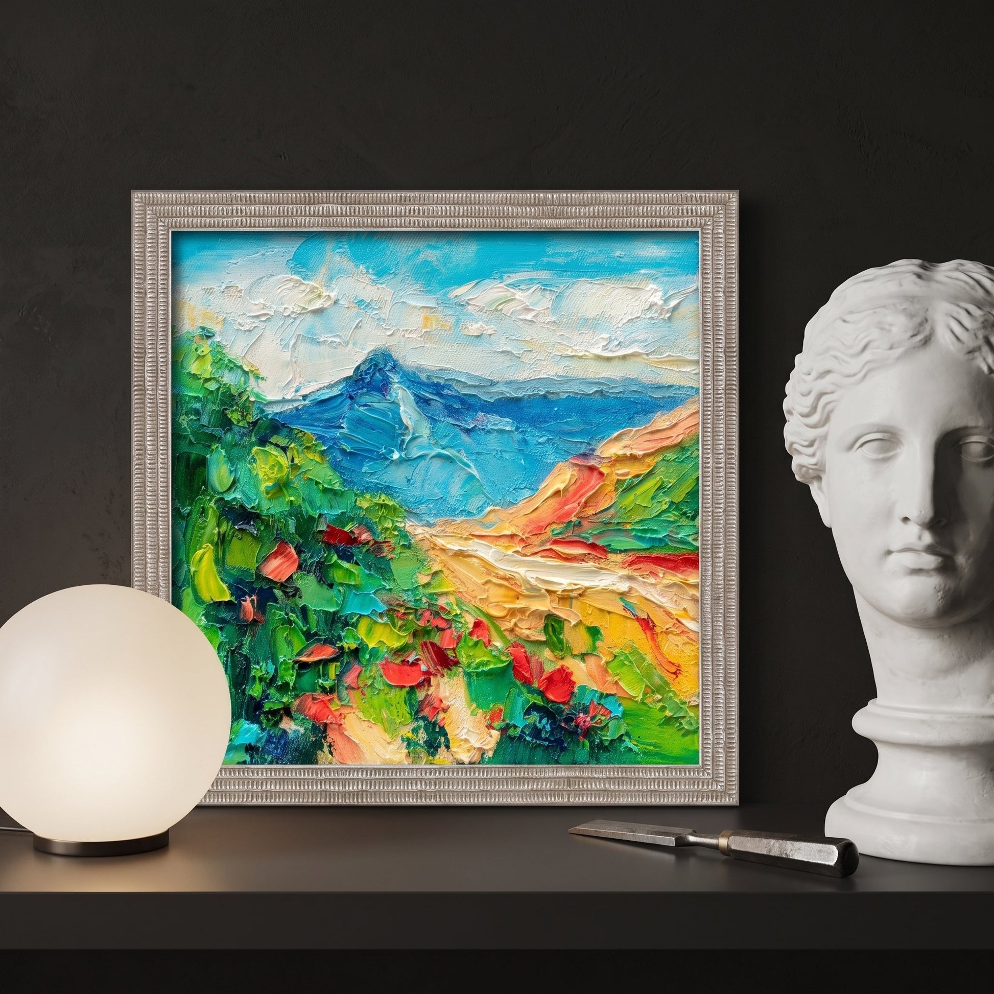 Contemporary gallery entryway — vibrant Impressionist landscape transforms space with bold color and texture