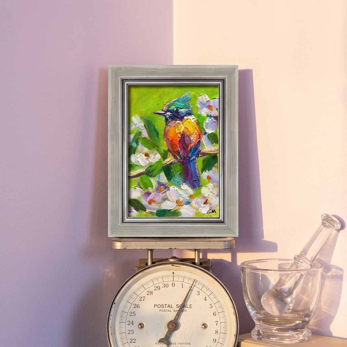 Vintage study, eclectic decor — vibrant expressionist bird painting adds color and life to the space