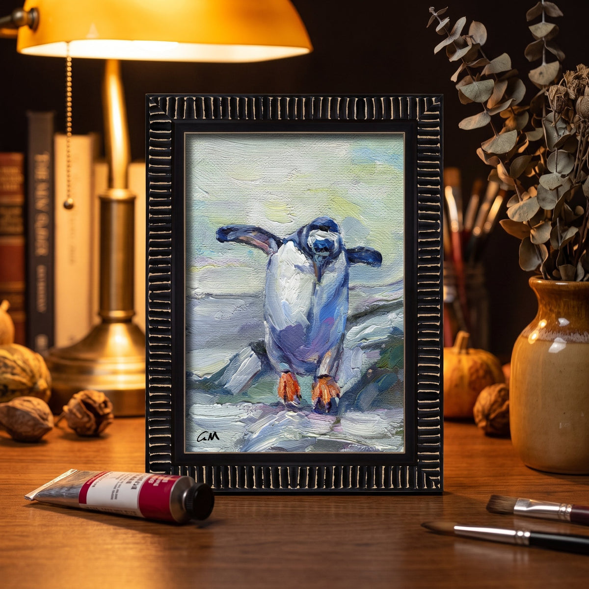 Rustic Farmhouse Study — Original Impressionist penguin painting adds whimsy and texture to warm, scholarly space