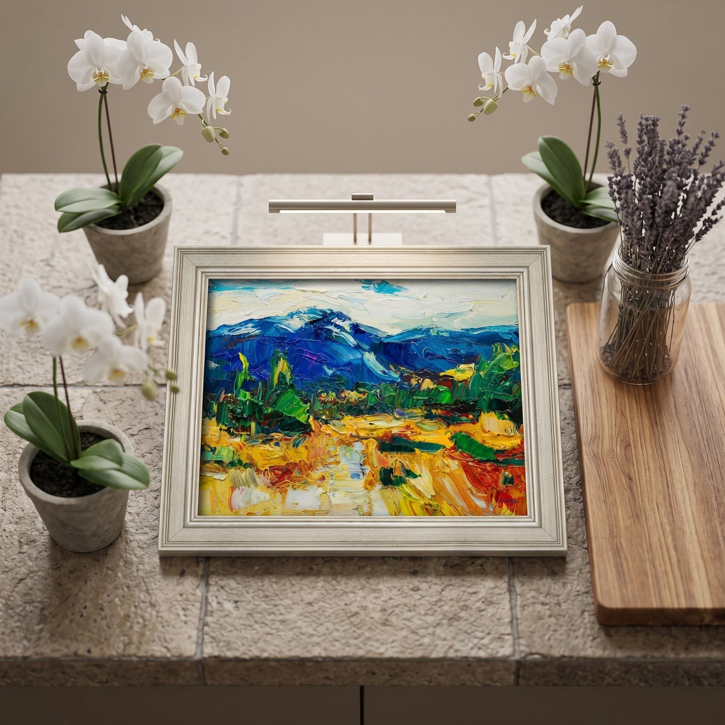 RusticFarmhouseKitchen — VibrantExpressionistLandscapePaintingElevatesNeutralSpaceWithColorAndTexture
