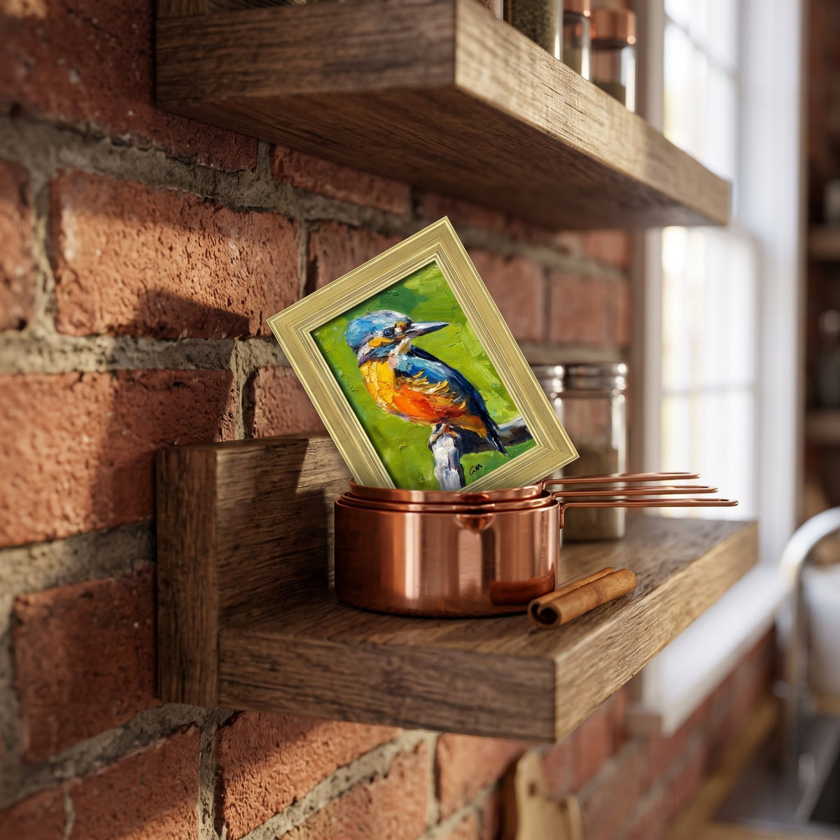 Rustic Farmhouse Kitchen — Vibrant Impressionist bird painting elevates a wooden shelf with natural light and rich color