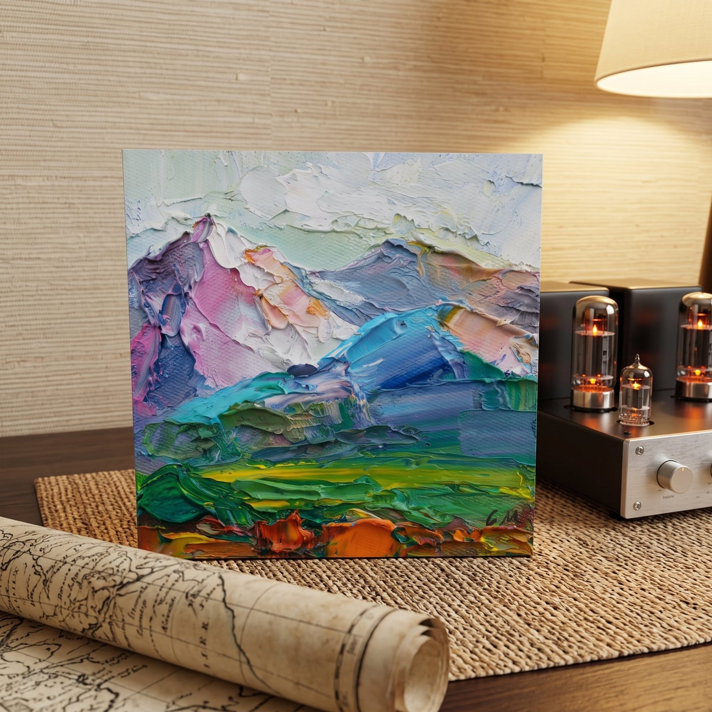 Mid-century modern study — Expressionist landscape painting adds vibrant color and texture to a warm, intellectual space