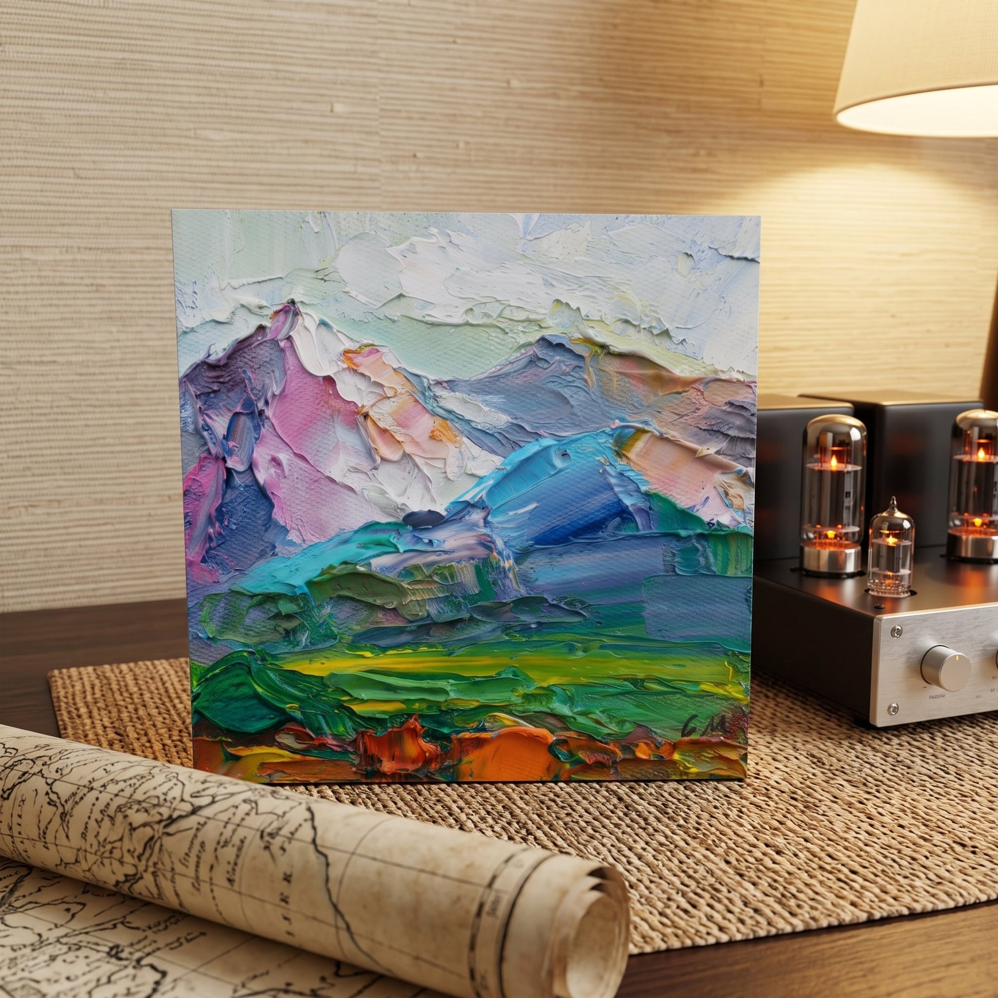 Mid-century modern study — Expressionist landscape painting adds vibrant color and texture to a warm, intellectual space