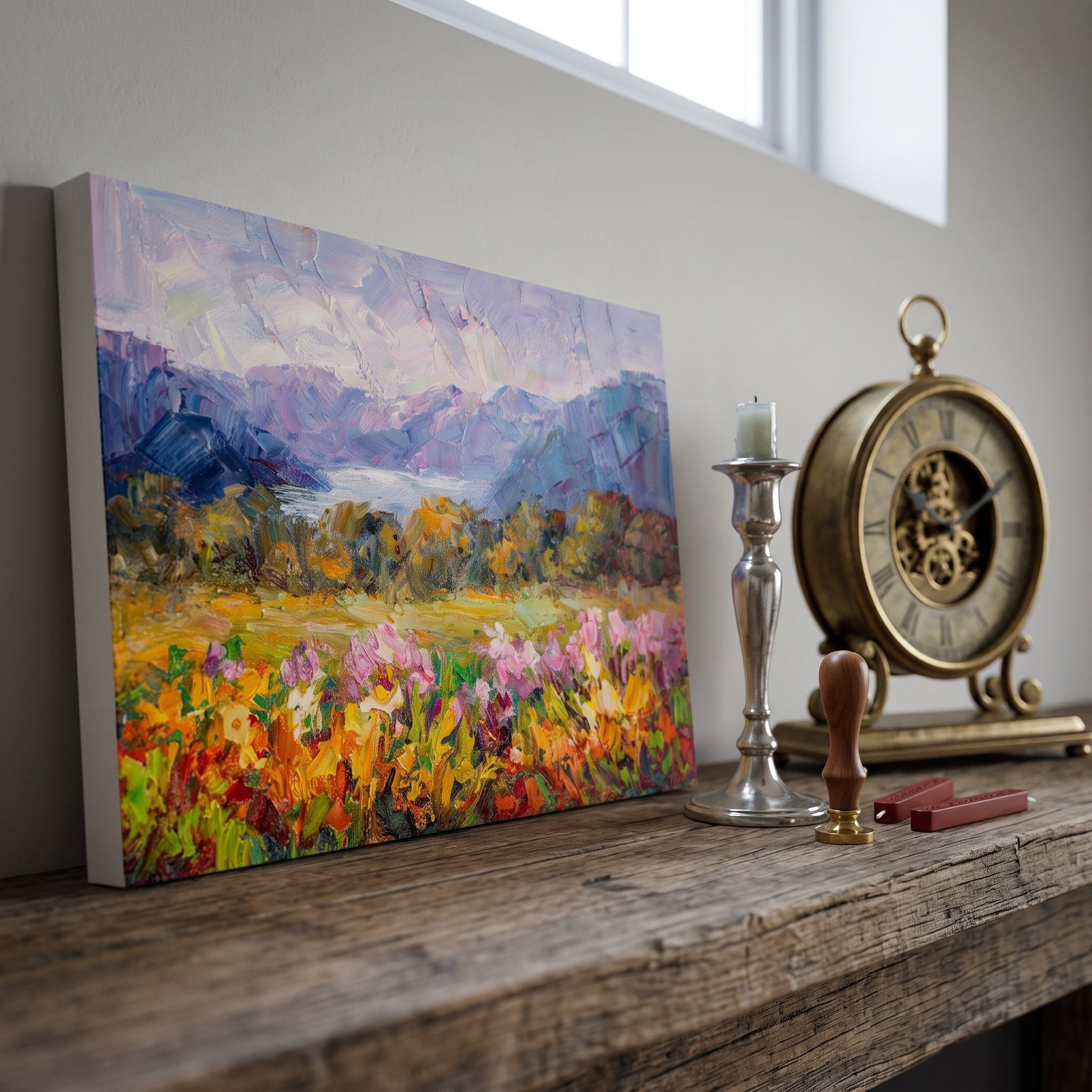 Rustic Farmhouse Entryway — Vibrant Impressionist Landscape Adds Color and Life to Weathered Wood Mantel