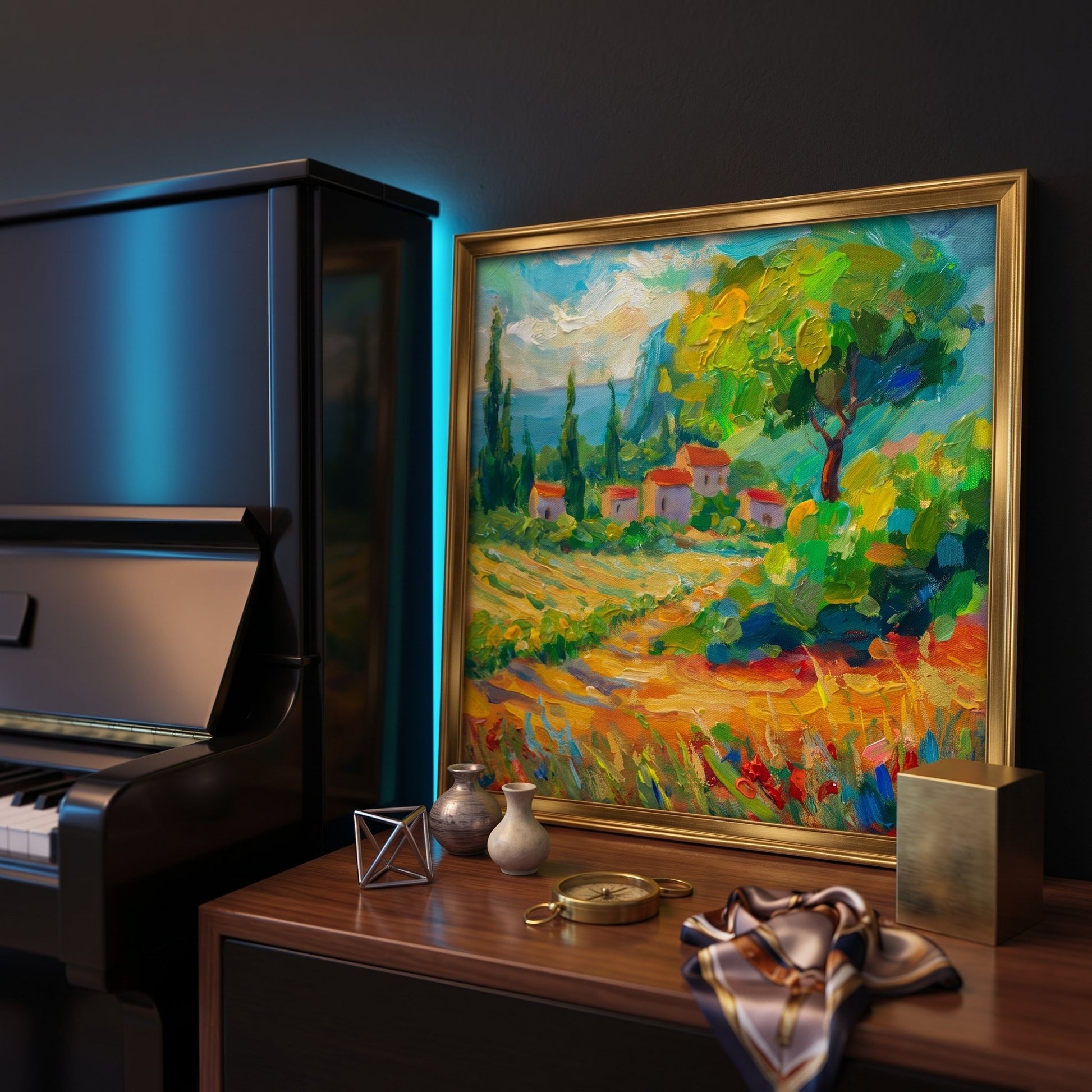 Music room, minimalist — vibrant Impressionist landscape elevates the space with color and artistic energy