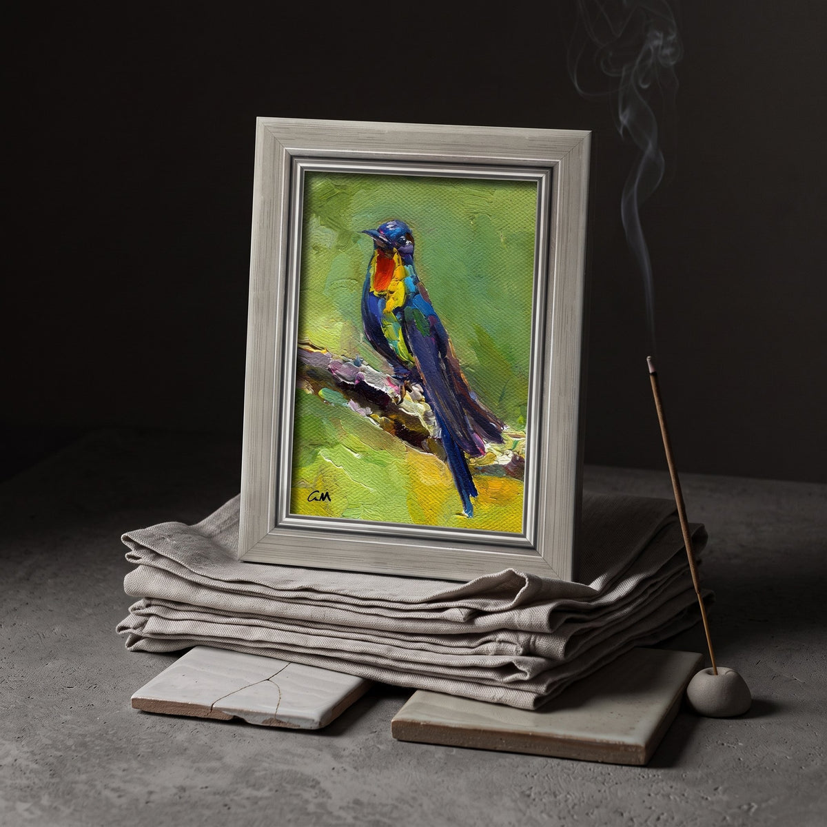 Minimalist meditation space — vibrant expressionist bird painting adds color and life to a serene, neutral-toned room