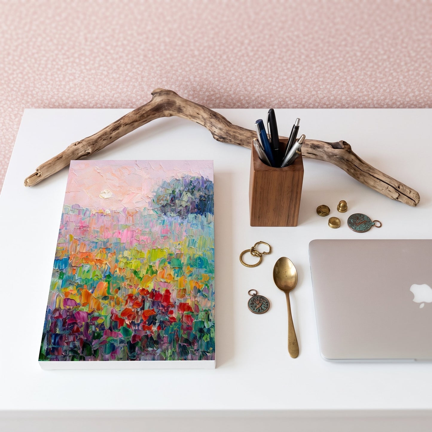 Home office, minimalist — Vibrant Impressionist landscape adds color and life to a serene workspace