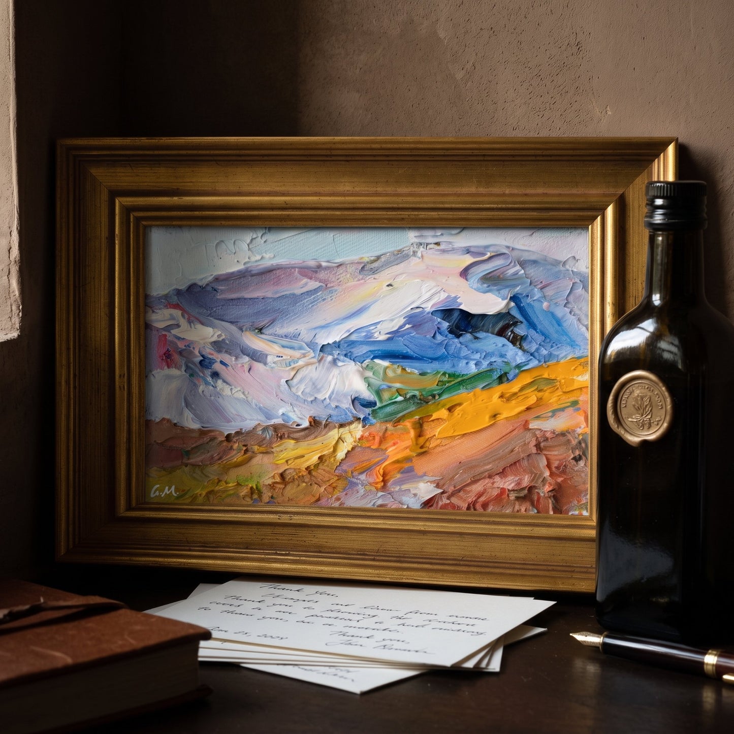 Rustic Farmhouse Study — Original Expressionist Landscape Painting Adds Vibrant Color and Artistic Depth to Cozy Reading Nook
