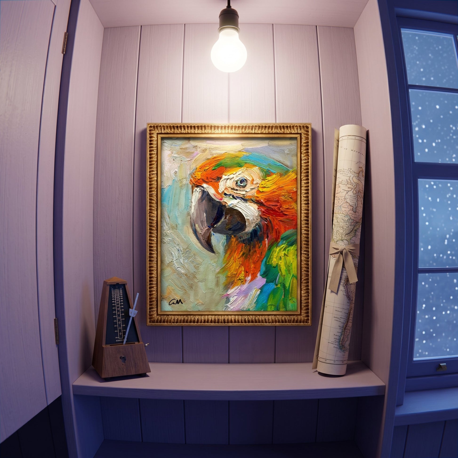 Minimalist entryway — Vibrant expressionist macaw painting adds color and character to a serene, curated space