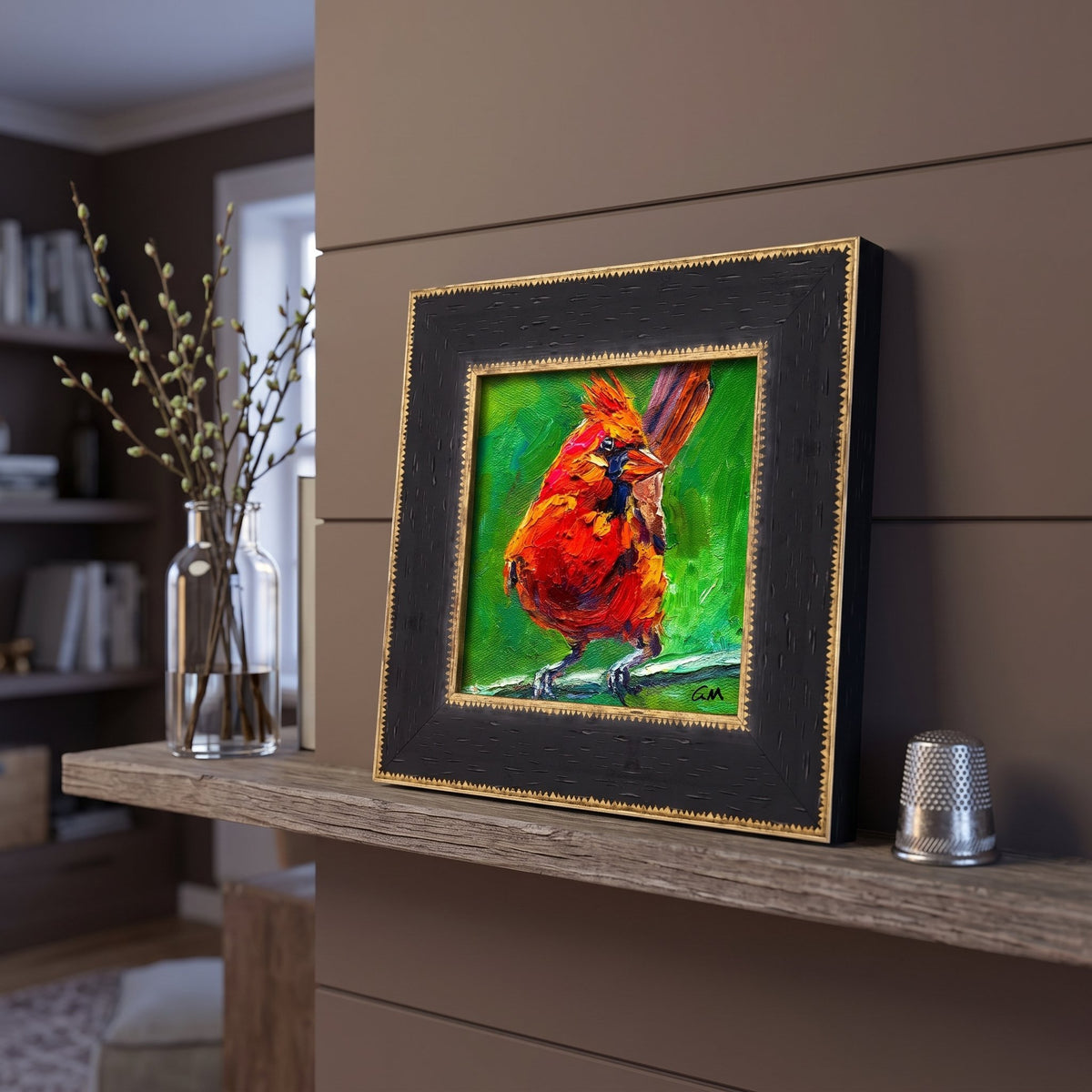 Contemporary living room — Vibrant expressionist cardinal painting adds bold color and natural charm to minimalist space