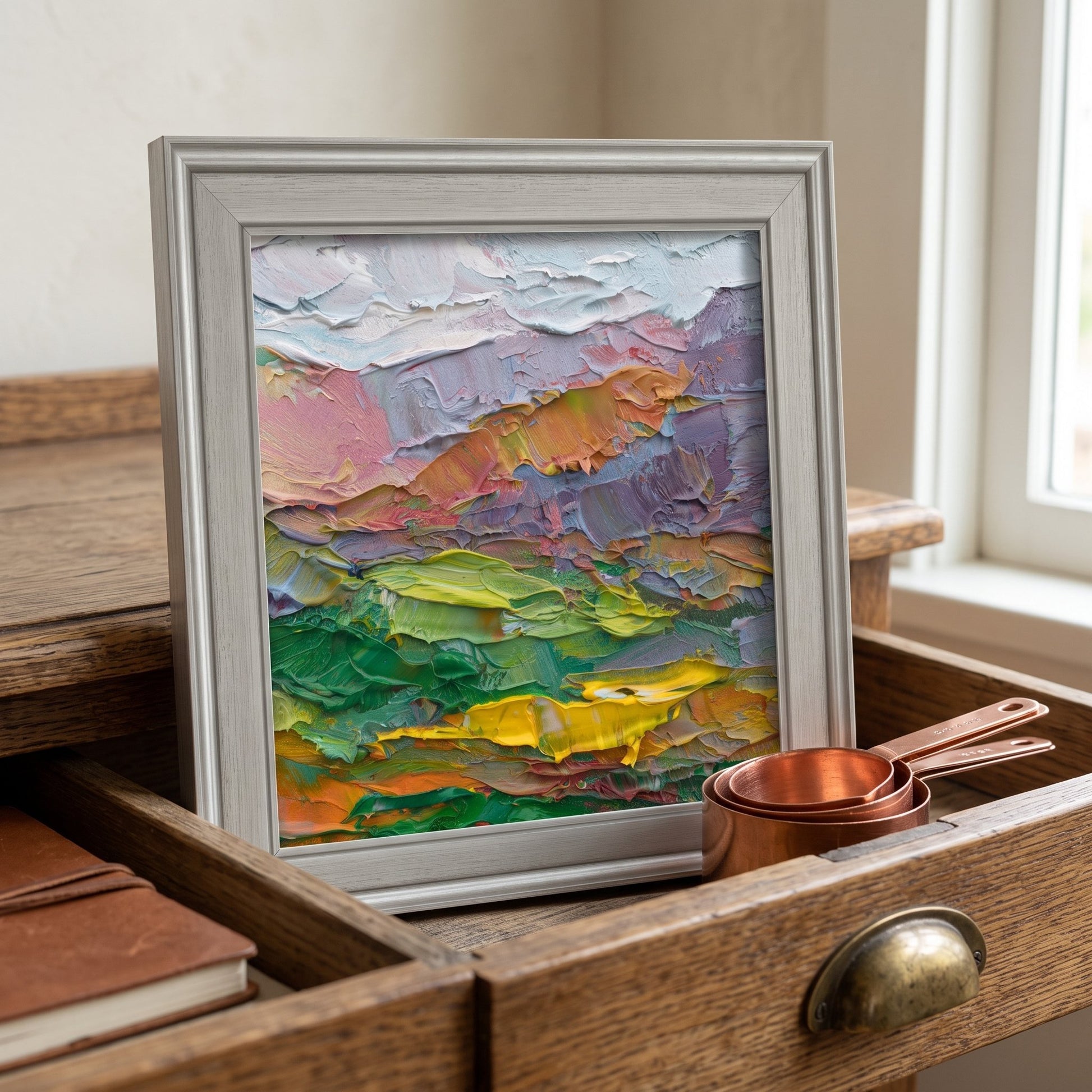 Rustic Farmhouse Kitchen — Expressive Landscape Art Adds Color and Soul to Warm Wooden Space