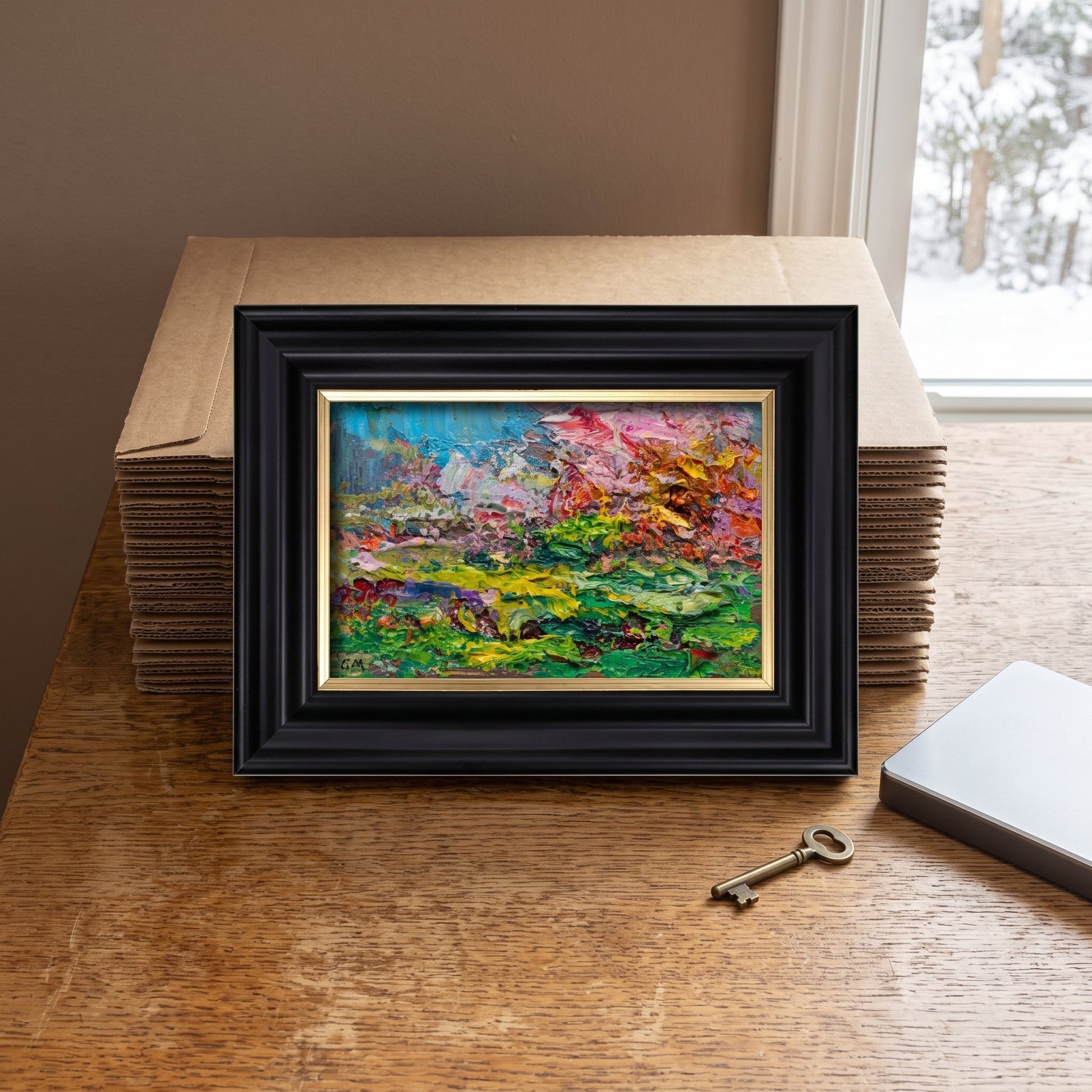 Rustic Farmhouse Study — Vibrant expressionist landscape elevates warm wood tones with bold color and texture