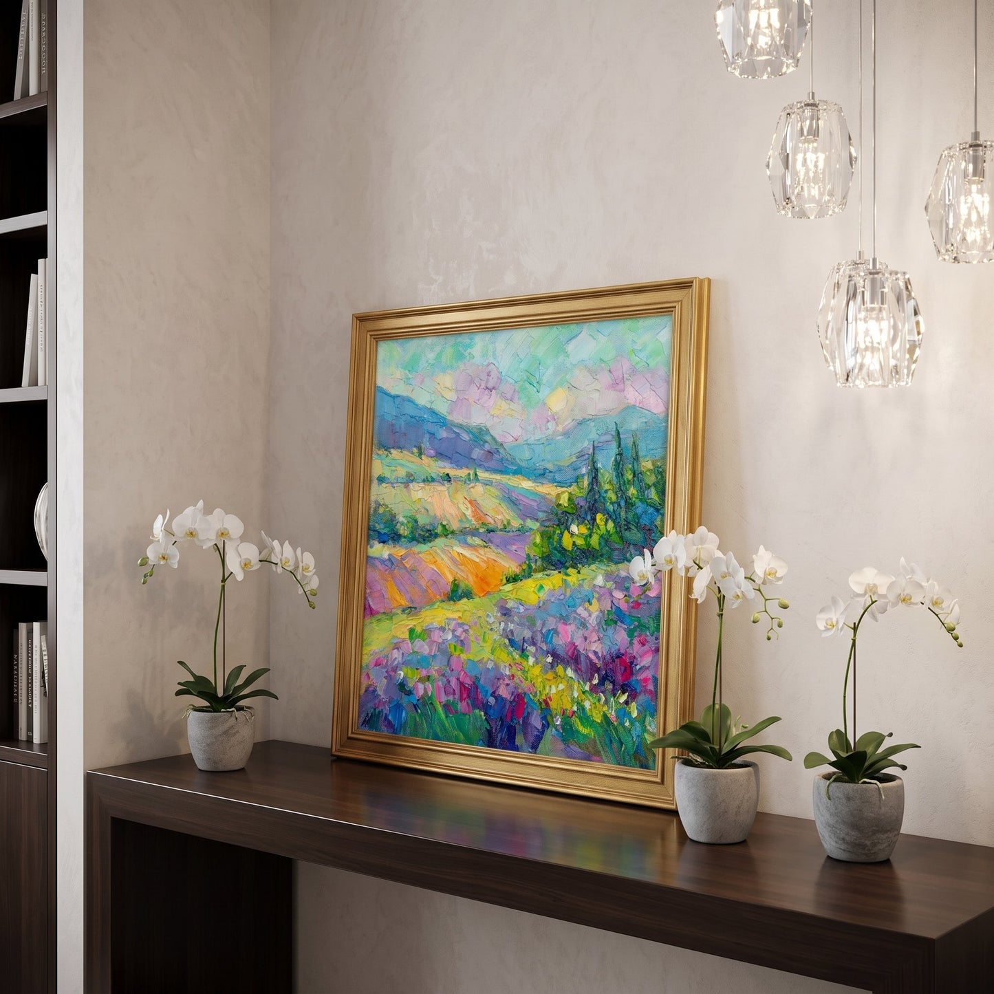 Contemporary entryway — vibrant Impressionist landscape transforms neutral space with colorful energy and natural elegance