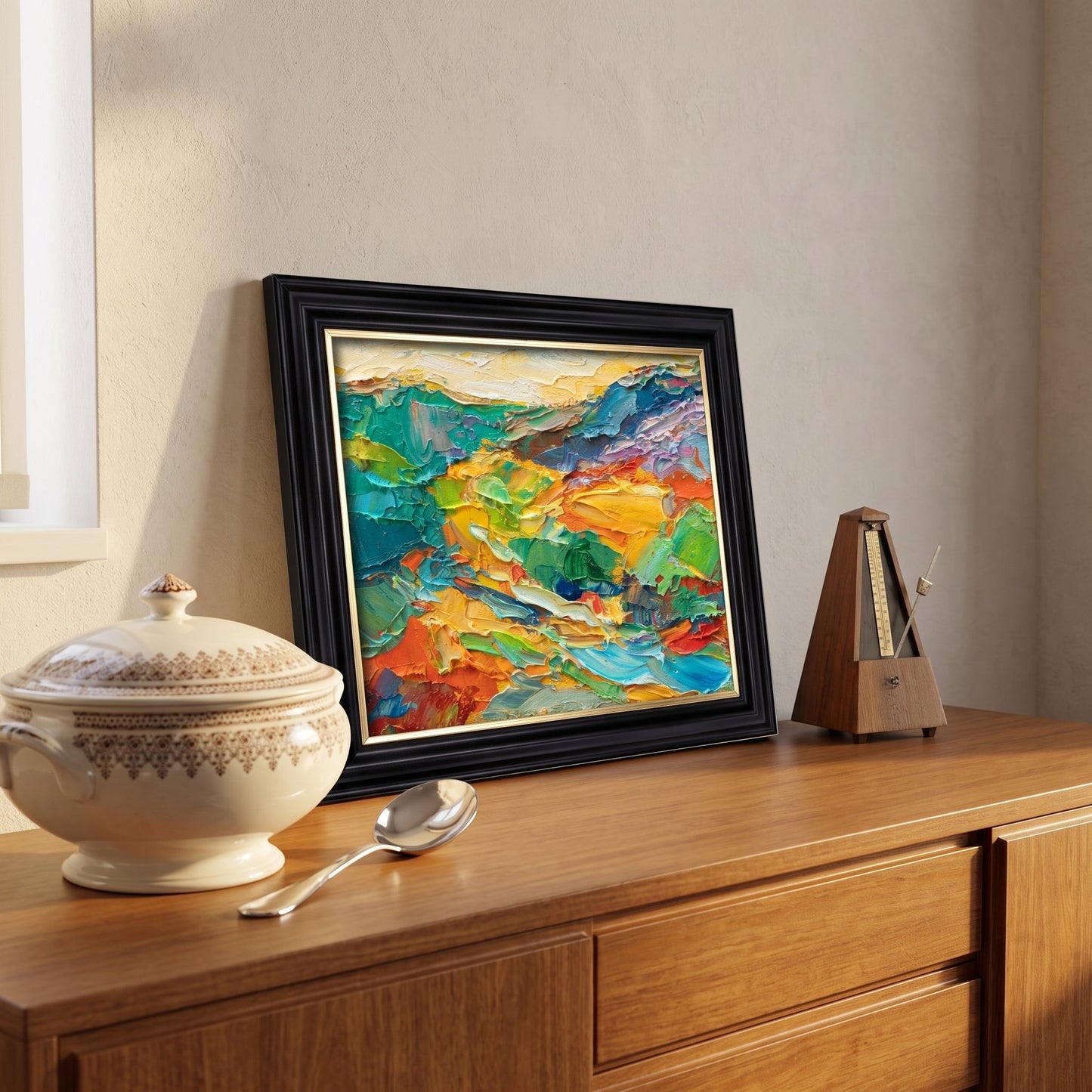 Mid-century modern living room — vibrant abstract landscape painting adds bold color and texture to a minimalist wooden console