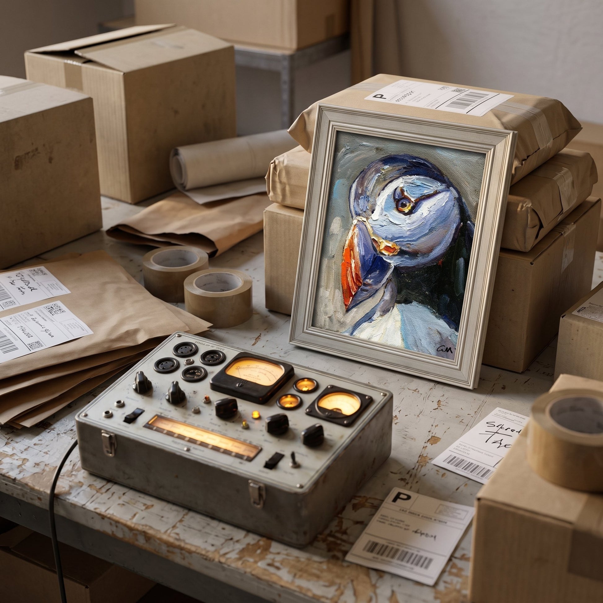 Industrial workshop — expressive puffin painting adds vibrant color and artistic soul to a utilitarian workspace