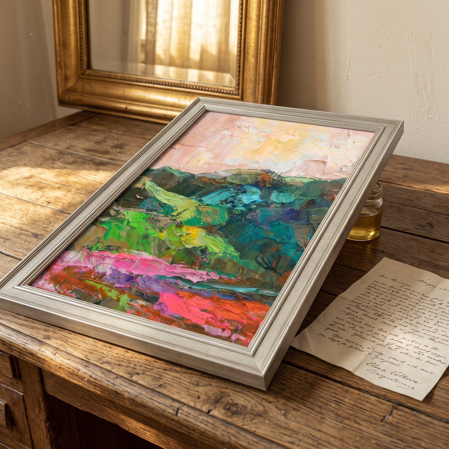 Rustic Farmhouse Study — Vibrant expressionist landscape elevates vintage wooden desk with bold color and texture